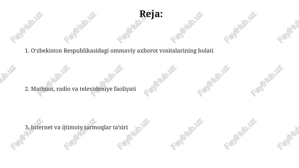igi bir necha oʻnlabni tashkil etgan boʻlsa, mustaqillikdan keyin ularning soni minglabga yetdi, bu matbuotning rivojlanishidagi ulkan oʻsishni koʻrsatadi. 1990-yillarning boshlarida oʻzbekistonda mustaqil ommaviy axborot vositalarining paydo boʻlishi va rivojlanishi demokratizatsiya jarayonlariga va matbuot erkinligining asta-sekin oʻrnatilishiga hisoblangan. sovet davrida ommaviy axborot vositalari partiya nazorati ostida boʻlib, axborot monopoliyasi hukm surgan, hozirgi kunda esa koʻp kanalli televideniye va radioeshittirish, shuningdek, internetning rivojlanishi kuzatilmoqda. kelajakdagi istiqbollar loyiha doirasida 20 ga yaqin mintaqaviy telekanallar va radiostansiyalar bilan hamkorlikda yoshlar uchun 500 dan ziyod ijtimoiy-siyosiy teledasturlar tayyorlandi va efirga uzatildi. “kelajakdagi istiqbollar” dasturi 50 dan ortiq yoshlar tashkilotlarini birlashtirib, ularga raqamli vositalardan foydalanish bo'yicha 1000 dan ortiq treninglarni taqdim etdi. “kelajakdagi istiqbollar”ning ijtimoiy tarmoqlardagi faolligi natijasida, 1 million dan ziyod foydalanuvchi mazkur loyiha haqida ma'lumot oldi va unga qo'shildi. davlat ommaviy axborot vositalari davlat ommaviy axborot vositalarining yillik byudjeti, rasmiy ma'lumotlarga ko'ra, milliy byudjetning 2% dan ortiq qismini tashkil etadi, bu esa ularning …