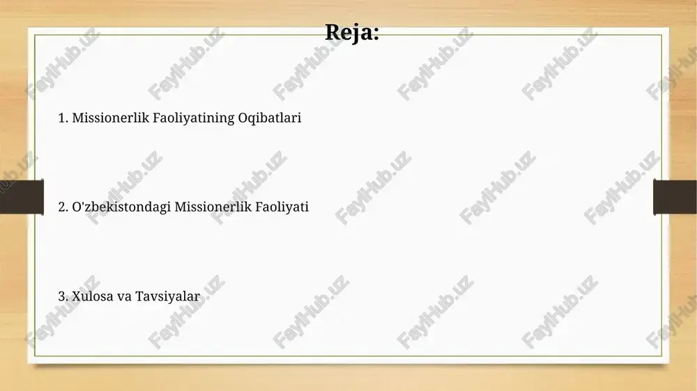ariga koʻra, missionerlik faoliyati cheklangan boʻlib, bu sohaga oid 5 dan ortiq qonun hujjatlari mavjud, ularda missionerlik faoliyatini tartibga soluvchi norma va sanktsiyalar belgilangan. kelajakdagi istiqbollar va tavsiyalar diniy tashkilotlarning faoliyatini monitoring qilish tizimini takomillashtirish, kamida 30% modernizatsiya qilish orqali, shaffoflik va hisobot berishni yaxshilash zarur. uzbekistanning xorijiy davlatlar bilan diniy sohada hamkorligini kengaytirish, 20 dan ortiq mamlakat bilan shartnomalar tuzish orqali, diniy ta'lim va madaniyat almashinuvini rivojlantirish muhim. millatlararo munosabatlarga missionerlikning ta'siri missionerlik faoliyati natijasida o'zbekistonda 2000-yillardan boshlab diniy ekstremizmga moyil 15-25 yosh oralig'idagi yoshlar sonining oshganligi kuzatilgan. o'zbekiston hududida 2010-2020 yillar oralig'ida ro'yxatga olingan 50 dan ortiq missionerlik guruhi millatlararo munosabatlarga salbiy ta'sir ko'rsatganligi haqida dalillar mavjud. o'zbekistondagi missionerlik faoliyati: umumiy nuqtai mamlakatda 30 dan ortiq turli konfessiyalar vakillari missionerlik bilan shug'ullanmoqda, ammo ularning faoliyati qonunchilik doirasida cheklangan. so'nggi 10 yilda missionerlik faoliyati bilan bog'liq 100 dan ortiq huquqbuzarlik holatlari qayd etilgan bo'lib, ularning aksariyati noqonuniy diniy adabiyotlar …