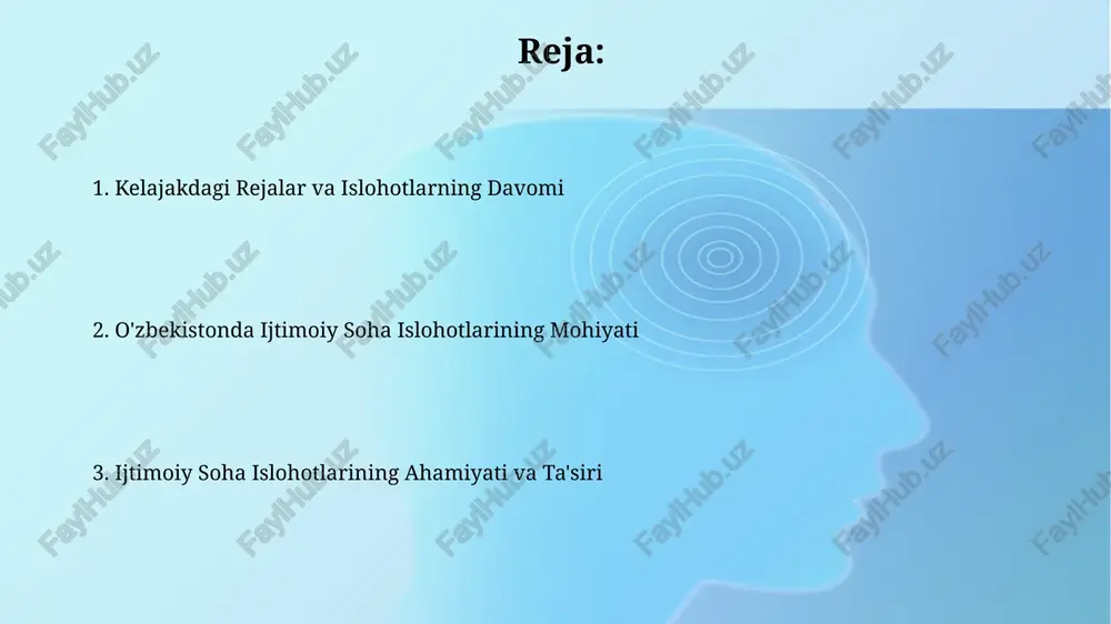 a'limni rivojlantirish, umumta'lim maktablari va oliy ta'lim muassasalarining modernizatsiyasi kabi yo'nalishlarga e'tibor qaratadi. 2022-yilgi "taraqqiyot strategiyasi" doirasida davlat boshqaruvi samaradorligini oshirishga qaratilgan 100 dan ortiq islohotlar amalga oshirildi, byurokratiyani kamaytirishga qaratilgan. xalqaro hamkorlik va tajriba almashish oʻzbekistonning 20 dan ortiq xalqaro tashkilotlar bilan hamkorligi ijtimoiy soha islohotlarini qoʻllab-quvvatlash va malaka oshirish dasturlarining samaradorligini oshirdi. jahon banki va bmt kabi muassasalar bilan oʻtkazilgan 50 dan ortiq loyiha ijtimoiy himoya tizimini takomillashtirishga sezilarli hissa qoʻshdi. taʼlim sohasidagi islohotlar va yutuqlar uzbekistanning oliy ta'lim tizimida 2023-yilga kelib 100 dan ortiq yangi yo'nalishlar ochilib, bozor talabiga mos malakali mutaxassislar tayyorlashga qaratilgan. 2022-yilda maktabgacha ta'lim muassasalarining soni 15% ga oshdi, bu 300 mingdan ortiq bolaning maktabgacha ta'lim olish imkoniyatini yaratdi. oʻzbekistonda ijtimoiy soha islohotlarining mohiyati sogʻliqni saqlash sohasida 3000 dan ortiq yangi shifoxonalar va poliklinikalar qurilishi rejalashtirilgan boʻlib, bu aholining sogʻlom turmush tarzini qoʻllab-quvvatlash va tibbiy xizmatlarga kirish imkoniyatini yaxshilashga qaratilgan. ta'lim sohasidagi islohotlar, jumladan, …