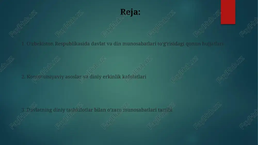 i davlatning muhim vazifasi deb e'lon qilib, milliy xavfsizlikni himoya qilishga qaratilgan 2 ta asosiy qoidani o'z ichiga oladi. oʻzbekiston konstitutsiyasining 22-moddasi davlatning dinlardan ajralib turishini, barcha dinlarning qonun oldida tengligini va vijdon erkinligini kafolatlaydi. diniy tashkilotlarning huquq va majburiyatlari diniy tashkilotlar, oʻzbekiston respublikasi qonunchiligiga muvofiq, 50 dan ortiq tarafdorga ega boʻlishi shart va davlat roʻyxatidan oʻtishi kerak. diniy tashkilotlar, oʻz faoliyatlarini amalga oshirish uchun, davlatdan ruxsatnoma olish va moliyaviy hisobotlar taqdim etish kabi majburiyatlarni bajarishlari lozim. diniy taʼlim va tarbiya “diniy taʼlim va tarbiya” toʻgʻrisidagi qonun 2018-yilda qabul qilingan boʻlib, 11 bob va 70 dan ortiq moddadan iborat. mazkur qonun, diniy ekstremistizm va terrorizmga qarshi kurashda diniy taʼlim muassasalarining rolini aniqlab beradi va ularning faoliyatini tartibga soladi. davlatning diniy tashkilotlarga aralashmasligi diniy tashkilotlarning faoliyati, 2002-yildagi "vijdon erkinligi va diniy tashkilotlar to'g'risida"gi qonunga asosan, davlat nazorati ostida emas, balki o'z-o'zini boshqarish tamoyiliga asoslanadi. qonun hujjatlariga ko'ra, 3 yildan ortiq faoliyat …