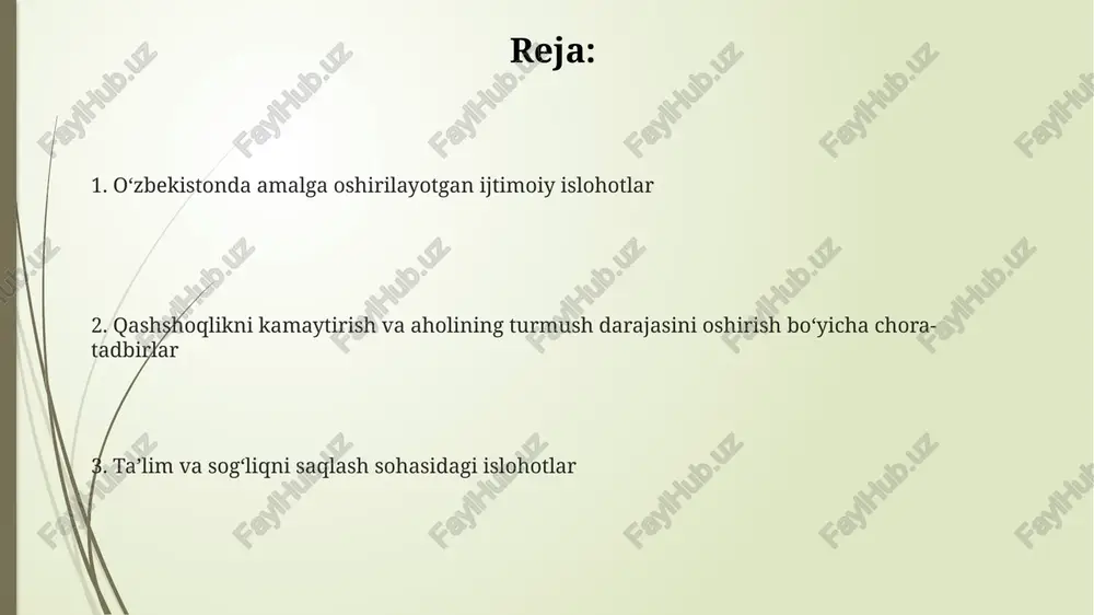 moqda. oʻzbekistonda amalga oshirilayotgan ijtimoiy islohotlarning umumiy tavsifi qashshoqlikni qisqartirish maqsadida 2023 yilda 1 million dan ortiq fuqaroga ijtimoiy himoya dasturlari orqali moliyaviy yordam koʻrsatildi va bu yordamlarning miqdori oʻrtacha 25% ga oshdi. oʻzbekistonda 2017 yildan beri amalga oshirilayotgan sud-huquq islohotlari doirasida jinoyat kodeksiga 100 dan ortiq oʻzgartish va qoʻshimchalar kiritildi, bu esa inson huquqlarini himoya qilishni kuchaytirdi. ta’lim tizimini isloh qilish doirasida 2022 yildan boshlab maktab oʻquv dasturlariga stem yoʻnalishlari boʻyicha yangi fanlar kiritildi, shuningdek, 5000 dan ortiq maktabda zamonaviy texnologiyalar joriy etildi. ayollar huquqlarini himoya qilish va gender tengligi ayollarning biznes va tadbirkorlikdagi ishtiroki uchun davlat tomonidan qoʻllab-quvvatlash dasturlari soni 2017 yildan buyon 5 barobar oshgan, bu esa ularning iqtisodiy mustaqilligini oshirishga yordam beradi. jinsiy zoʻravonlik va taʼqibga qarshi kurashish maqsadida, 2023 yilda maxsus telefon ishonch liniyasi va onlayn platforma ishga tushirildi, bu orqali 10 mingdan ortiq murojaat qabul qilindi. oʻzbekistonda 2022-yilda qabul qilingan qonunlar ayollarning siyosiy va …