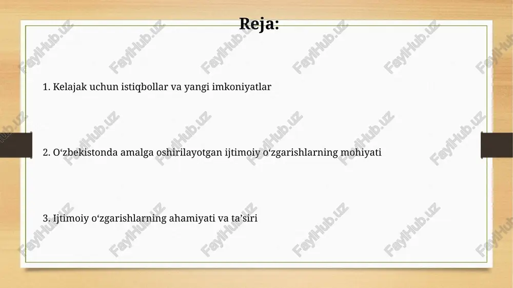 qlikni qisqartirish va ijtimoiy adolatni ta'minlash kam ta'minlangan oilalarga beriladigan nafaqalar miqdori o'rtacha 20% ga oshdi, bu esa ularning hayot darajasini yaxshilashga yordam beradi. 2022-yilgi ma'lumotlarga ko'ra, qashshoqlik darajasi 10% dan pastga tushgan, bu ijtimoiy himoya dasturlarining samaradorligini ko'rsatadi. jamiyatning ma'naviy-axloqiy taraqqiyoti 2022 yildan boshlab, ma'naviy-axloqiy tarbiyaga bag'ishlangan 100 dan ortiq yangi dasturlar va loyihalar amalga oshirilmoqda, bu esa yoshlarda milliy va umuminsoniy qadriyatlarga bo'lgan hurmatni oshirishga qaratilgan. ma'naviy-axloqiy taraqqiyotni ta'minlash uchun 5 ta asosiy yo'nalish bo'yicha milliy strategiya ishlab chiqilgan va unda davlat-xususiy sherikligi mexanizmlari keng qo'llanilmoqda. ta'lim sohasidagi islohotlar va ularning ahamiyati ta'lim tizimida 2020 yildan beri 1000 dan ortiq maktab o'qituvchilarining malakasini oshirish bo'yicha yangi dasturlar joriy etildi, bu esa ta'lim sifatini sezilarli darajada yaxshilashga yordam berdi. uzbekistan respublikasining ta'lim sohasidagi islohotlari doirasida stem fanlari (fan, texnologiya, muhandislik, matematika) bo'yicha o'quv dasturlari tubdan qayta ko'rib chiqildi va zamonaviy talablarga moslashtirildi. e'tiboringiz uchun rahmat @taqdimot_robot image7.jpg image8.jpg image9.jpg …