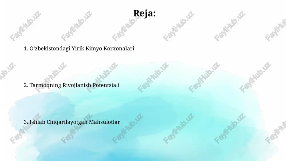 chki ehtiyojini qondirishda muhim rol o'ynaydi. uzbekistanning yirik kimyo korxonalarida ishlab chiqarilayotgan plastmassa mahsulotlari soni 200 dan ortiq bo'lib, ular qadoqlash, qurilish va avtomobilsozlik kabi turli sohalarda qo'llaniladi. mineral oʻgʻitlar ishlab chiqaruvchi korxonalar oʻzbekistondagi fosforli oʻgʻitlar ishlab chiqarish hajmi yiliga taxminan 200 ming tonnani tashkil etib, asosan, superfosfat va diammofos kabi turlardan iborat. navoiy azot oʻgʻitlari zavodining yillik ishlab chiqarish quvvati 700 ming tonnadan ortiq ammiakli selitra va boshqa mineral oʻgʻitlarni tashkil etadi, bu esa mamlakat qishloq xoʻjaligi ehtiyojlarini qondirishga sezilarli hissa qoʻshadi. kelajakdagi istiqbollar va rivojlanish strategiyasi yangi texnologiyalarni joriy etish va innovatsion loyihalarni qo'llab-quvvatlash orqali 2025 yilgacha energiya samaradorligini 15% ga oshirish rejalashtirilgan. kelajakdagi 5 yilda kimyo sanoati korxonalarining ishlab chiqarish hajmini 20% ga oshirish va eksportni 30% ga ko'paytirish strategiyasi ishlab chiqilmoqda. farmatsevtika va tibbiyot mahsulotlari ishlab chiqarish farmatsevtika tarmog'ida 20 dan ortiq korxona 100 dan ziyod turdagi dori vositalari va tibbiy buyumlarni ishlab chiqaradi, ularning yillik …