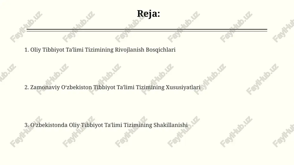 ibbiyot maktablari tashkil topdi, ularning soni 1917 yilga kelib 5 ga yetdi, biroq ularning ta'lim sifati notekis edi. tibbiyot taʼlimi muassasalarining tashkil etilishi va rivojlanishi mustaqillikdan so'ng, tibbiyot ta'limi tizimi jahon standartlariga moslashtirildi, xalqaro hamkorliklar kuchaydi va yangi klinikalar, texnologiyalar qo'llanila boshlandi. sovet davrida tibbiyot ta'limi asosan davlat nazorati ostida bo'lib, 5-6 yillik ta'lim dasturlari joriy etildi va ko'plab shifokorlar tayyorlandi. 1930-yillarda toshkent tibbiyot instituti tashkil topgan bo'lib, u o'zbekistonda oliy tibbiyot ta'limining poydevorini qo'ydi va keyinchalik bir nechta ixtisoslashgan institutlarga bo'lindi. muammolar va istiqbollar davlat tomonidan moliyalashtirish hajmining yetarli emasligi va xususiy sektorning tibbiyot ta'limi sohasiga jalb etilishining pastligi, o'quv jarayonining sifatiga salbiy ta'sir ko'rsatmoqda. tibbiyot oliygohlarida amaliy ko'nikmalarni rivojlantirishga qaratilgan innovatsion ta'lim texnologiyalari, masalan, simulyatsion modellashtirish va telemeditsina qo'llanilishi past darajada. oliy tibbiyot ta'limi tizimida 2025 yilgacha malakali mutaxassislar sonini 1,5 baravar oshirish maqsadi qo'yilgan bo'lib, bu esa zamonaviy infratuzilma va pedagogik resurslarni talab qiladi. xalqaro hamkorlik va …