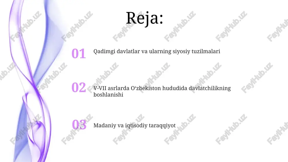 20000 dan ortiq odamning halok bo'lishiga va davlatning ichki siyosiy barqarorligining buzilishiga sabab bo'lgan, bu esa iqtisodiy tanazzulga olib kelgan. soʻgʻdiyona va uning mustaqilligi sog'diyonaning mustaqilligi, asosan, kuchli armiyasi va strategik joylashuviga, shuningdek, boy ipak yo'li savdosidan olingan daromadlariga bog'liq edi. sog'diyona 5-7-asrlarda o'ziga xos davlat tuzumiga ega bo'lib, markaziy hukmronlikdan mustaqil siyosat yuritgan va hatto chin imperiyasi bilan diplomatik aloqalar o'rnatgan. vii asr oxiri va davlatchilikning keyingi rivojlanishi vii asrning oxirlarida, arablarning bosib olishlaridan keyin, davlat tuzumida katta o'zgarishlar yuz berib, soliq tizimi va ma'muriy bo'linmalarda islom ta'siri kuchaydi. viii asrdagi ijtimoiy-siyosiy tarkiblar, mahalliy diniy e'tiqodlar bilan islomning sinkretik aralashuvi, yangi madaniy va iqtisodiy sharoitlarni yaratdi. v asr oʻzbekiston hududida davlatchilikning boshlanishi v-vii asrlarda oʻzbekiston hududida turli xalqlar, jumladan, eftailar, xazarlar va soʻgʻdiylar oʻrtasida davlat tuzilmalari shakllanishi kuzatilgan, bu esa mintaqada murakkab siyosiy manzarani aks ettirgan. soʻgʻdiyona davlati, taxminan 5-7 asrlarda mavjud boʻlib, oʻzbekiston hududining bir qismini o'z ichiga …
