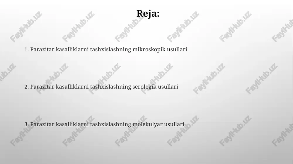 ment bilan bog'langan antitellar yordamida rang o'zgarishi kuzatiladi; bu rangning intensivligi parazit infektsiyasining darajasini ko'rsatadi. igg va igm kabi turli xil antitellarni aniqlash uchun elisa testining turli xil formatlari mavjud bo'lib, bu infektsiyaning o'tkir yoki surunkali ekanligini aniqlashga yordam beradi, masalan, 96-quduqli plastinkalar ishlatiladi. rentgenografiya rentgen tekshiruvi o'pka, jigar yoki boshqa organlarda parazitlar keltirib chiqaradigan o'zgarishlarni, masalan, infiltratlarni yoki kalsifikatlarni aniqlashga imkon beradi. rentgenografiya, rentgen kontrast moddalarni qo'llash bilan birgalikda, ichak parazitlarini aniqlashda, ayniqsa, ularning lokalizatsiyasi va kattaligini aniqlashda qo'shimcha ma'lumot beradi. sirlangan preparatlarni tekshiruv sirlangan preparatlarni mikroskopiya usulida tekshirishda 100x va 400x ob'ektiv linzalardan foydalaniladi, bu parazitlarning morfologiyasini aniqlashga imkon beradi. sirlangan preparatlarni immunofluorestsentsiya tekshiruvi 95% gacha daqiqlik bilan antigenlarni aniqlaydi va turli parazit infektsiyalarini diagnostikalashga yordam beradi. magnit-rezonans tomografiyasi (mrt) mrt ning yuqori kontrastli tasvirlari tufayli, taxminan 95% aniqlik bilan parasitlarning kelib chiqargan absesslar, kistalar va boshqa patologik o'zgarishlarni aniqlash mumkin. mrt yordamida asab tizimini, shu jumladan, miya …