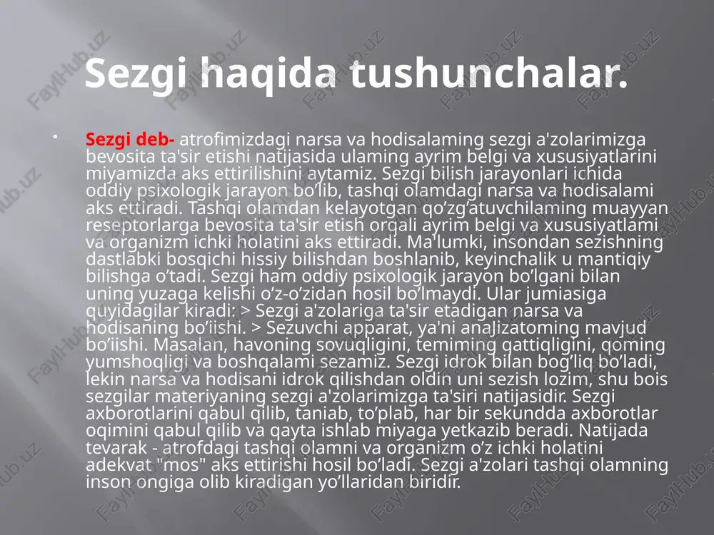 dan kelib tushadigan axborotlar shaxobchasiga, ya'ni sezgi kanaliga hech qanday bog’liq emas, deb tushuntirishga harakat qildi. sezgilarga mana bunday yondashish nazariyotchisi "fanga rasionalizm" tushunchasi bilan birga kirib keldi. x.volf va uning tarafdorlari psixologik jarayonlar (sezgi, idrok, xotira va boshqalar) murakkab ijtimoiy tarixiy taraqqiyot mahsuli emas, degan g’oyani ilgari surdilar. shuning bilan birga "ong", "aql" tarixiy evalyusiya natijasi emas, deb inson psixikasiga o’zgacha yondashib, uni izohlab berish mushkul bo’lgan "birlamchi" xususiyat ekanligini tushuntirishga intiiadilar. mazkur nazariyaga asoslangan psixologlar insonning sezgilari uni tashqi olam bilan bog’lab turuvchi birdan bir shaxobcha ekanligini inkor qilishgacha borib yetdilar va voqelikni mana bunday tarzda izohlashga harakat qildilar; sezgilar insonni tashqi olamdan ajratib turadilar, ular atrof-muhit o’rtasidagi bartaraf qilib bo’lmaydigan devor hisoblanadilar. berkli, yung, myuller, gelmols singari olimiar sezgi organlarining "spesifik energiyasi"nazariyasini ishlab chiqdilar. bu g’oyaning asoscliisi sifatida logann myuller qat'iy pozisiyada turib, uni butun vujudi bilan himoya qilishga intildi idrok haqida tushuncha. idrok-deb sezgi a’zolariga bevosita …