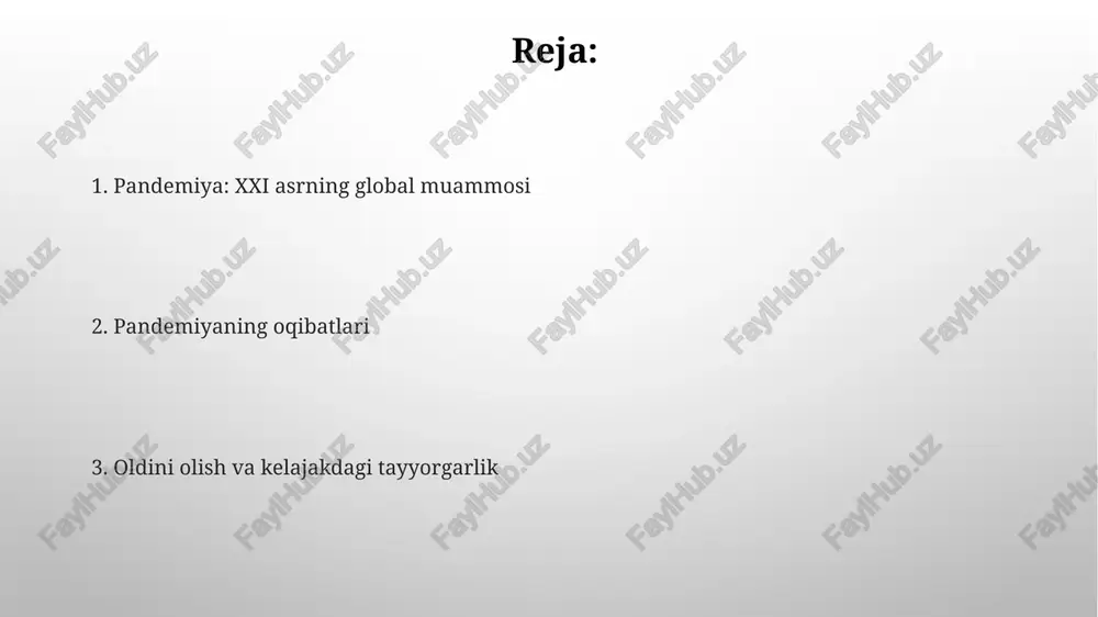 darajasi keskin oshdi va aholining katta qismi kambag'allik chegarasidan pastga tushib qoldi. jahon hamjamiyatining pandemiyaga munosabati jahon sogʻliqni saqlash tashkiloti (jsst) pandemiya davrida 194 mamlakatga 10 milliard aqsh dollaridan ortiq moliyaviy va texnik yordam koʻrsatdi, bu global hamkorlikning muhim koʻrsatkichidir. pandemiya davrida onlayn ta'lim va masofadan turib ishlash kabi raqamli texnologiyalarning qoʻllanilishi sezilarli darajada oshdi, bu esa 2 milliarddan ortiq odamning hayotiga ta'sir koʻrsatdi. sogʻliqni saqlash tizimlariga taʼsiri pandemiya tufayli surunkali kasalliklar bilan ogʻrigan bemorlarning 15% gacha tibbiy yordamga kirish imkoniyatini yo'qotishdi, bu esa ularning sogʻligʻiga salbiy taʼsir koʻrsatdi. covid-19 pandemiyasi davrida sogʻliqni saqlash tizimlarining 30% gacha yuklanishi kuzatildi, bu esa tibbiy xodimlar yetishmasligiga va xizmatlar sifatining pasayishiga olib keldi. e'tiboringiz uchun rahmat @taqdimot_robot image3.png image4.jpg image5.jpg image6.jpg image7.jpg image8.jpg image9.jpg image1.png