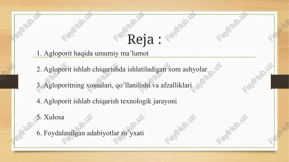 hidamli — kuydirilgan material bo‘lgani uchun yonmaydi. suvga va kimyoviy ta’sirlarga nisbatan barqaror — beton tarkibida uzoq muddatli mustahkamlikni saqlaydi. ekologik toza — tabiiy xom ashyolardan olinadi, zararli chiqindilar ajratmaydi. qurilishda iqtisodiy foyda beradi — yengil konstruktsiyalar, kam sement sarfi va energiya tejamkorligi tufayli tannarx past bo‘ladi. kamchiliklari : mexanik mustahkamligi nisbatan past — og‘ir yuk ko‘taruvchi betonlarda ishlatib bo‘lmaydi. suv singdirish darajasi yuqoriroq — 8–18%, bu ba’zi hollarda qo‘shimcha gidroizolyatsiya talab qiladi. ishlab chiqarish uchun yuqori harorat (1100–1250°c) kerak — energiya sarfi yuqori. donachalar notekis shaklda bo‘lishi — aralashmalarda bir tekis taqsimlanishni qiyinlashtiradi. ba’zi hududlarda xom ashyo cheklangan — ishlab chiqarish joyini tanlashda muammo tug‘diradi. 4. agloporitning ishlab chiqarish texnologik jarayoni asosiy bosqichlar : xom ashyoni tayyorlash granulatsiya (donachalar hosil qilish) quritish yonish (g‘ovak hosil qilish) sovitish saralash va saqlash. xom ashyoni tayyorlash va granulatsiya : loy aralashtirilib nam aralashma holiga keltiriladi. granulatsiya barabanlari yoki disk granulyatorlarida 5–40 mm …
