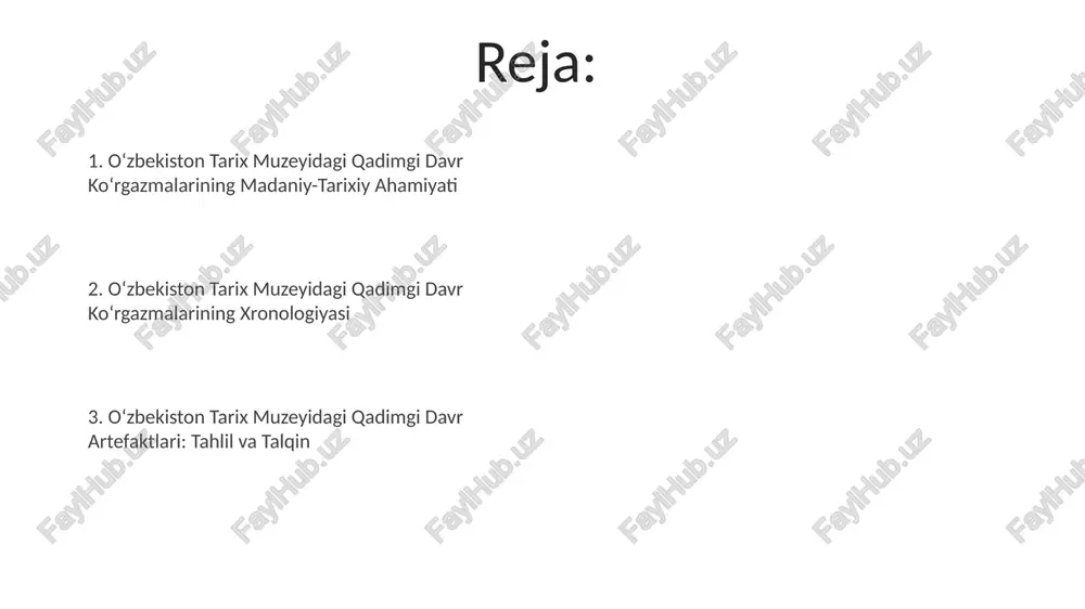 rlarning arxeologik topilmalari afrasiab shahridan topilgan, 5-8 asrlarga mansub bo'lgan, hajmi 2 metrga yaqin bo'lgan katta hajmli kulolchilik buyumlari namoyish etiladi. qadimgi shaharlarning arxeologik topilmalari eksponatlari orasida miloddan avvalgi 2-asrga oid, taxminan 150 ga yaqin loy yozuvlari namunalari mavjud. oʻzbekiston tarix muzeyidagi qadimgi davr koʻrgazmalari miloddan avvalgi i ming yillikka oid qabr toshlari va boshqa dafn marosimlari buyumlari, koʻchmanchi va oʻtroq qabilalar haqida muhim ma'lumotlar beradi. oʻzbekiston tarix muzeyida topilgan 5-asrga oid terakota buyumlari, xususan, hayvon va inson tasvirlari, qadimgi hunarmandchilikning yuksak darajasini koʻrsatadi. madaniyat va sanʼat “madaniyat va sanʼat” muzeyi kolleksiyasida taxminan 200 ga yaqin xorazm madaniyatiga oid (miloddan avvalgi ii-ming yillik) haykallar, marmar va loy buyumlar mavjud. muzeyda saqlangan so'g'diyona davriga oid (miloddan avvalgi v-viii asrlar) 100 dan ziyod tekstil buyumlari, o'yma naqshlar va rang-barang bo'yoqlari bilan ajralib turadi. koʻchmanchi madaniyatining izlari “koʻchmanchi madaniyatining izlari” koʻrgazmasida miloddan avvalgi 1-ming yillikka oid 50 dan ortiq noyob arxeologik eksponatlar, jumladan, …