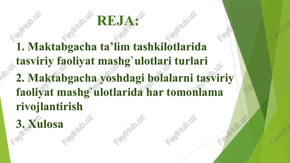 riladi qurish-yasash qurish-yasash lotin tilidan olingan bo’lib, turli predmetlarni, qism va elementlarni ma’lum bir holatga keltirish, degan ma’noni bildiradi. bolalarni qurish-yasashida qurilish materiallaridan, qog’ozdan, karton, daraxt va boshqa materiallardan turli xil o’yinchoqlar yasash o’rgatiladi. o’z harakteriga ko’ra bolalar qurish-yasashi ko’pincha tasviriy va o’yin faoliyati bilan o’xshashdir – bu tevarak atrofda aks etadi. qurish -yasash qurish-yasash materiallarining turlari. maktabgacha ta`lim tashkilotlarida bolalarga qurish-yasash faoliyatini o‘rgatishda qurilish materiali, konstruktor, qog‘ozdan, tabiat, tashlandiq materiallaridan va boshqalardan foydalaniladi. materialni turi qurish yasash turini aniqlab beradi. qurilish materiali – mayda va yirik-geometrik figuralardan (kub, silindr, prizma va hokazo…) iborat. tasviriy faoliyat bo‘yicha maktabgacha ta’lim tashkiloti dasturi va maktabda tasviriy san’at dasturi bolalarda tevarak atrofga nisbatan estetik munosabatni tarbiyalash, ijodiy qobiliyat va tasvirlashlarini rivojlantirishni ko‘zda tutadi. maktabgacha ta’limi tashkiloti mashg‘ulotlarida, maktabda muvaffaqiyatli o‘qib ketishlari uchun zarur bo‘lgan vazifalar hal etiladi. rasm, applikatsiya, loy ishlari jarayonida bolalarda fikr yuritishning analiz, sintez, takrorlash, konkretlashtirish kabilar shakllanadi. shuningdek bu …