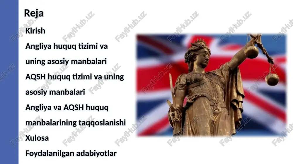 orqali ichki huquqqa kiritiladi. to'rtinchidan aqsh huquq tizimi va uning asosiy manbalari aqsh huquq tizimi federal tuzumga asoslangan bo'lib, u 1787-yilgi konstitutsiya orqali belgilangan. mustaqillik urushidan (1776) keyin angliya umumiy huquqini o'zlashtirgan bo'lsa-da, aqsh tizimi federal va shtat darajalarini ajratib, yozma konstitutsiyani eng yuqori manba qilgan. bu tizimning asosiy xususiyati – ikki suverenitet unda federal huquq shtat huquqidan ustun, ammo federal hokimiyat cheklangan birinchidan konstitutsiya. bu eng yuqori manba bo'lib, barcha qonunlar unga mos bo'lishi kerak. ikkinchidan qonunlar (statutory law). federal darajada congress tomonidan qabul qilinadi va united states code ga kiritiladi. uchinchidan sud pretsedentlari (case law). umumiy huquq an'anasiga asoslanib, stare decisis printsipi qo'llaniladi. aqsh huquq tizimining asosiy manbalari quyidagilar: to'rtinchidan idoraviy qoidalar (administrative regulations). federal agentliklar (fda, epa) tomonidan chiqariladi va code of federal regulations ga kiritiladi. beshinchidan shartnomalar va odatlar. xalqaro shartnomalar senat tomonidan ratifikatsiya qilinadi va konstitutsiyadan keyingi o'rinda turadi angliya va aqsh huquq manbalari umumiy …