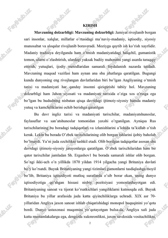 xon sanoat ishlab chiqarishidagi monopol huquqinini yo’qota bordi. dunyo ustaxonasi maqomini yo’qotayotgan bulsa-da, angliya xali juda katta mustamlakalarga ega, dengizda xukmronlikni, jaxon savdosida vositachilikni, sugurta va bank ishlarida yetakchilikni egallab kelayotgan edi. bu hol mamlakatni avvalgidek katta foyda bilan taʼminlab turardi. jaxon iqtisodiyotida angliya maqomining o’zgarishi, u o’zining sanoatdagi gegemonligini yo’qotishidan ancha oldin boshlangan edi. bu yerda iqtisodiy taraqqiyotning surʼati susaya boshlaydi. kurs ishining maqsad va vazifalari: 1871-1914- yillarda angliya tarixini o’rganish, tahlil qilish, yoritish va izohlash. kurs ishining predmeti: 1871-1914-yillarda angliya. kurs ishining tuzilishi va hajmi: kurs ishi kirish, ikki bob, 4 ta paragraf, xulosa va foydalingan adabiyotlar ro’yxati dan tashkil topgan bo’lib, umumiy hajmi 31 sahifadan iborat. mundarija kirish…………………………………………………………………….………3-4 i bob. xix asr oxiri xx asr boshlarida angliyaning ijtimoiy-iqtisodiy va siyosiy hayoti va mustamlakachilik siyosati…………………………………………..5-15 1.1. xix asr oxiri xx asr boshlarida angliyaning ijtimoiy-iqtisodiy va siyosiy hayoti………………………………………………………………………….14-15 ii bob. xix asrning ikkinchi yarmida angliya. ishchilar harakati, hamda lebotistlar …