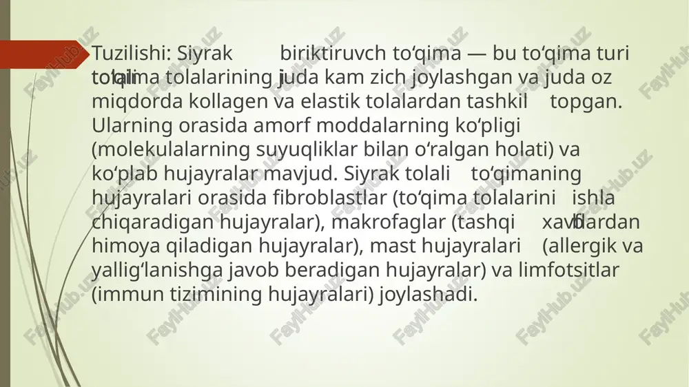 a teri ostida, ichki organlarning atrofida, mushaklar va suyaklar orasida, shuningdek qon tomirlarining devorlarida mavjud. uning eng keng tarqalgan joyi derma (terining o'rtasidagi qatlam), subkutanel qavat (terining ostidagi to'qima) va ichki organlar orasidagi bo'shliqdir.  zich tolali shakillangan biriktiruvchi to'qima esa organizmda yuqori mexanik stresslarga qarshi turish uchun maxsus rivojlangan to'qimadir. u kuchli va bardoshli tolalarga boy bo'lib, organizmning eng mustahkam qismlarini tashkil qiladi.  struktura va tarkib: zich tolali shakillangan biriktiruvchi to'qima asosan kollagen tolalaridan tashkil topgan. bu kollagen tolalari juda zich joylashgan bo'lib, har bir to'qima zanjiri bir-biriga juda yaqin va mustahkam bog'langan. bu to'qima shuningdek elastik tolalarni ham o'z ichiga olishi mumkin, ammo asosan kollagen tolalari bu to'qimaga mustahkamlik va kuch beradi. fibroblastlar, ya'ni kollagen ishlab chiqaruvchi hujayralar bu to'qimadagi asosiy hujayralardir.  funktsiyasi: zich tolali shakillangan biriktiruvchi to'qima kuchli mexanik qo'llab- quvvatlash va barqarorlik ta'minlaydi. ushbu to'qima harakatda ko'plab bo'g'imlarni, mushaklarni va suyaklarni bir-biriga bog'lash orqali …