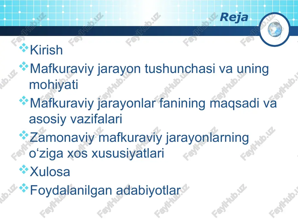 lar va tamoyillarning majmuasi bo'lib, ular jamiyatning maqsadlarini belgilaydi. asosiy tamoyillari orasida birinchi o'rinni egallaydi – ijtimoiy adolat va tenglik printsipi. bu tamoyil mafkuraviy jarayonni demokratik va insonparvarlikka asoslaydi, jamiyatdagi har bir a'zoni o'z manfaatlarini his qilishiga imkon beradi. ikkinchi tamoyil – milliy mustaqillik va suverenitetni himoya qilishdir. o'zbekiston misolida bu tamoyil milliy g'oya orqali ifodalanib, xalqning o'z taqdirini o'zi belgilash huquqini ta'kidlaydi. uchinchi tamoyil – globallashuv sharoitida milliy va umuminsoniy qadriyatlarning uyg'unligi bo'lib, mafkuraviy jarayonni izolyatsiyadan saqlaydi. mafkura tizimining ijtimoiy tuzumdagi o‘rni mafkura tizimi ijtimoiy tuzumning markaziy elementi sifatida jamiyatning barcha qatlamlarini birlashtiruvchi kuchdir. uning o'rni shundaki, mafkura ijtimoiy munosabatlarni tartibga soladi, jamiyatni maqsadli harakatga undaydi va barqarorlikni ta'minlaydi. ijtimoiy tuzumda mafkura tizimi siyosiy, iqtisodiy va madaniy sohalarni bog'laydi, chunki u har bir qatlamning manfaatlarini hisobga oladi. o'zbekiston jamiyatida bu tizim milliy g'oya asosida shakllangan bo'lib, u mustaqillik davrida jamiyatni birlashtirishda hal qiluvchi rol o'ynadi. mafkura tizimining o'rni – …