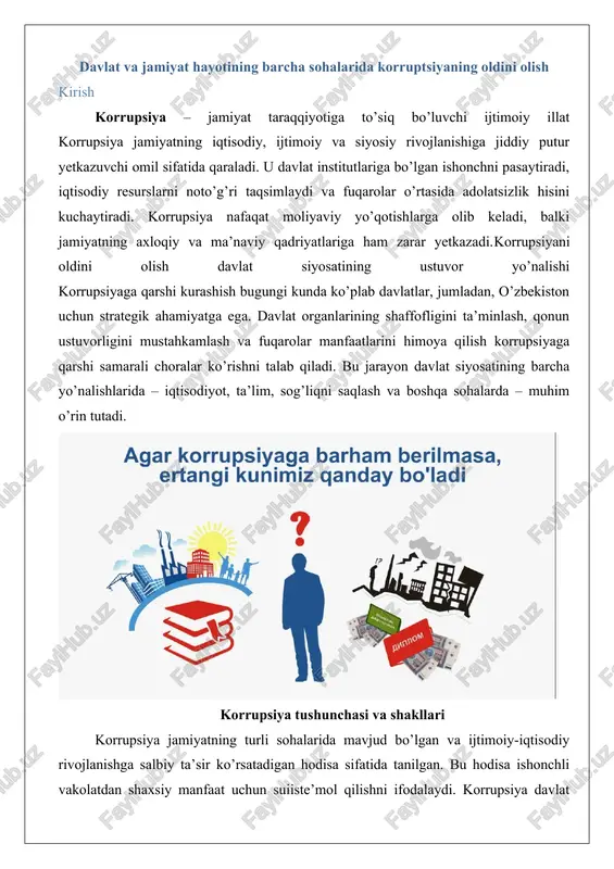 rat. korrupsiyaning shakllari ko’p va ular turli ko’rinishlarda namoyon bo’ladi. masalan, poraxo’rlik – bu korrupsiyaning eng keng tarqalgan ko’rinishi bo’lib, unda bir shaxs boshqasiga qaror qabul qilish yoki harakat qilish evaziga moddiy yoki nomoddiy imtiyozlar taklif qiladi. poraxo’rlik davlat xizmatchilari orasida, masalan, litsenziya berish jarayonida yoki soliq tekshiruvlarida yuzaga kelishi mumkin. yana bir shakl – o’g’irlash yoki mablag’larni noqonuniy o’zlashtirish, bu yerda vakolatli shaxslar davlat yoki kompaniya resurslarini shaxsiy maqsadlarda ishlatadi. bu hodisa ko’pincha byudjet mablag’larini boshqarishda kuzatiladi.korrupsiyaning boshqa shakllari orasida qarindoshchilik yoki nepotizm mavjud, bu yerda vakolat egasi o’z yaqinlarini lavozimlarga noqonuniy ravishda tayinlaydi. bu shakl oilaviy aloqalarga asoslangan va adolatli tanlov tamoyillarini buzadi. shuningdek, majburlash yoki bosim o’tkazish korrupsiyasi mavjud bo’lib, unda shaxslar o’z manfaatlarini himoya qilish uchun kuch ishlatadi. masalan, biznes sub’ektlari hukumat amaldorlaridan imtiyozlar olish uchun bosim o’tkazishi mumkin. korrupsiya pul yuvish, firibgarlik va boshqa noqonuniy faoliyatlar bilan bog’liq bo’lishi mumkin.korrupsiyaning siyosiy shakllari ham e’tiborga loyiq. …