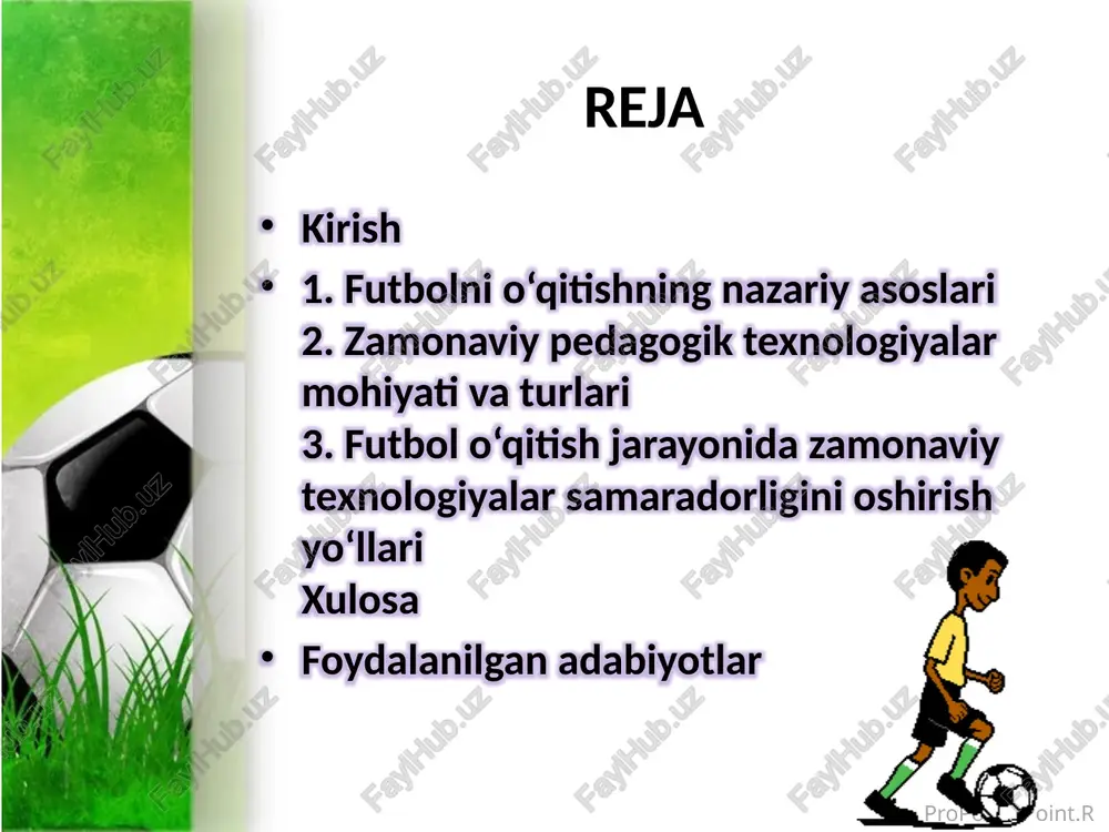axborot-kommunikatsion texnologiyalar (akt) o'quv jarayonini transformatsiya qilishda markaziy o'rin tutadi. akt o'qituvchining imkoniyatlarini kengaytirib, o'quvchilarni qiziqarli va interfaol muhitga olib kiradi, ularga ma'lumotlarni mustaqil izlash, tahlil qilish va qo'llash ko'nikmalarini shakllantiradi. futbol kabi dinamik sportda akt gps va lps tizimlari, video tahlil dasturlari, yurib-yurish monitorlari va uyqu boshqaruvi vositalari orqali o'yinchilarning jismoniy yuklamalarini real vaqtda kuzatishga imkon beradi. propowerpoint.ru interfaol metodlar (klaster, aqliy hujum, rol o‘ynash)ni mashg‘ulotlarda qo‘llash futbol mashg'ulotlarida interfaol metodlar o'quv jarayonini jonlantirish va o'yinchilarning faol ishtirokini ta'minlashda asosiy vosita hisoblanadi. bu metodlar – klaster, aqliy hujum va rol o'ynash – murabbiylarning an'anaviy ko'rsatmalarini o'yin asosidagi faoliyatga almashtirib, o'yinchilarning qaror qabul qilish, muammo yechish va jamoaviy hamkorlik ko'nikmalarini rivojlantiradi. interfaol yondashuvning mohiyati o'quvchilarni passiv tinglovchilardan faol ishtirokchilarga aylantirishda bo'lib, bu futbolning dinamik tabiatiga to'liq mos keladi. propowerpoint.ru futbol mashg‘ulotlarida innovatsion texnik vositalardan (video tahlil, sensor tizimlar) foydalanish futbol mashg'ulotlarida innovatsion texnik vositalar – video tahlil va sensor tizimlar …