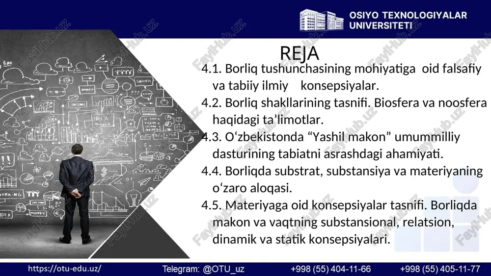 pologiya inson va uning hayoti masalalari axloq insonning axloqiy tarbiyasi masalalari 4.1. borliq tushunchasining mohiyatiga oid falsafiy va tabiiy ilmiy konsepsiyalar. «borliqni kim yaratgani" haqida gapirib berish "borliqning nimaligi, u qayerdan paydo bo'lgani va qayerga yo'qolishi"ni oqilona tushuntirish mifologiyaning bosh maqsadi falsafaning bosh maqsadi 4.2. borliq shakllarining tasnifi. biosfera va noosfera haqidagi ta’limotlar. "borliq" kategoriyasi falsafa paydo bo'lishi bilan shakllangan va izchil nazariy qiziqish predmetiga aylangan bo'lsada, dunyo haqida odamlar ancha oldinroq fikr yurita boshlaganlar va bu tasavvurlar ko'p sonli afsonalar va miflarda bizgacha yetib kelgan. borliq muammosini falsafiy anglab yetishga ilk urinishlar miloddan avvalgi birinchi ming yillikda vujudga kelgan qadimgi hind va qadimgi xitoy falsafalaridayoq kuzatiladi. borliq haqidagi qarashlar ayniqsa yunon falsafasida rivojlandi. 4.2. borliq shakllarining tasnifi. biosfera va noosfera haqidagi ta’limotlar. demokrit va levkipp atomlarni muayyan modda sifatida tavsiflab, ularni "bo'shliq" - yo'qlikka zid o'laroq, "to'la" yoki "qattiq" borliq bilan tenglashtirgan yunon olimi falesning fikricha, borliqning asosini suv …