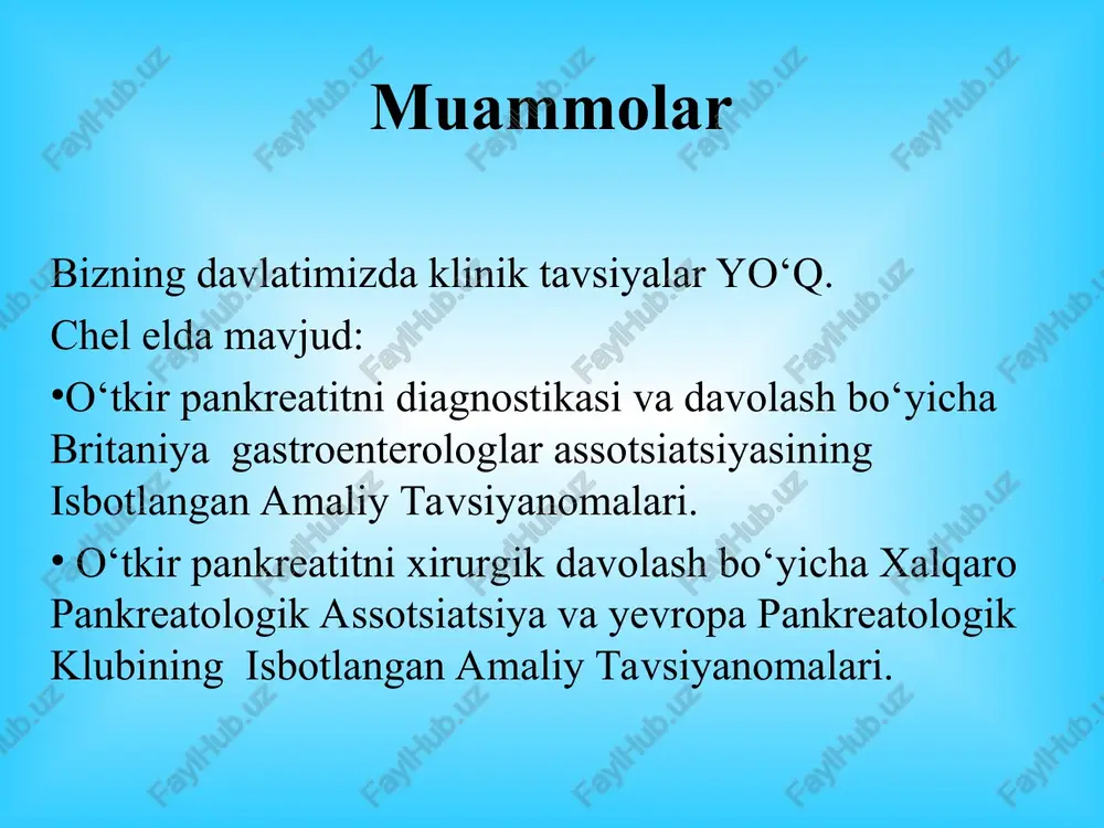 qildi. 1901 – opie e.l. i halsted w.s. xoledoxolitiaz va gemorragik pankreatit o‘rtasida etiopatogenetik bog‘liqlik mavjudligini aytib o‘tgan. o‘tkir pankreatitni davolash taktikasi evolyusiyasi 1889–1938 yy. – so‘zsiz xirurgik davolash. 1939–1963 yy. – asosan konservativ davolash. 1964 y. - h.v. – «konservativ-xirurgik» davolash – o‘tkir biliar pankreatitda erta bosqichlarda xirurgik amaliyotlar bajarish; boshqa etiologiyali pankreatitlarda esa – faqatgina intensiv terapiya samarasiz bo‘lganda (odatda, kasallik boshlangandan so‘ng 3-5 sutka o‘tgach) va yiringli asoratlarida. dolzarbligi 1889 yil r. fitz tomonidan o‘tkir pankreatitni birinchi bo‘lib sistematik yoritib bergan. 7 yildan keyin h. chiari o‘tkir pankreatitni o‘zini o‘zi yemirish jarayoni ekanligi konsepsiyasini taklif qilgan. dolzarbligi 1901 yil e. opie o‘tkir pankreatit va o‘t tosh kasalligini bir biriga bog‘lagan. 28 yildan so‘ng r. elman o‘tkir pankreatitda diagnostik test maqsadida alfa amilaza aktivligini aniqlash usulini topgan. 1974 yil c. ledesma o‘tkir pankreatit rivojlanishida o‘t qopidagi toshlar migratsiyasini ahamiyati haqida aytib o‘tgan. terminologiya: pankreatit – me'da osti bezini …