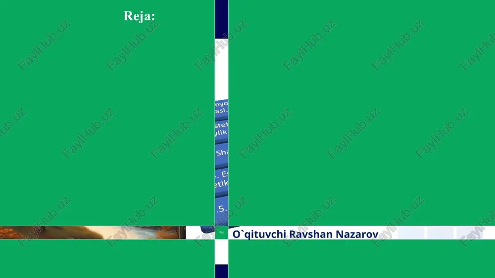 talarida go'zallik standartlari va estetik idealarning buzilishi kuzatiladi, bu esa insonning estetik idrokini buzishi mumkin. tez sur'atlar zamonaviy hayotning tez sur'atlari insonni doimiy shoshilish va stressga olib keladi. texnologiya texnogen sivilizatsiya insonning estetik ehtiyojini qondirishga ta'sir qilishi mumkin. ommaviy axborot vositalari zamonaviy ommaviy axborot vositalarida go'zallik standartlari va estetik idealarning buzilishi kuzatiladi. * tabiat estetikasi inson tomonidan tabiatning go'zalligi, xilma-xilligi va uyg'unligi haqida o'ylashdir. tabiat bizga o'zining rang-barangligi, o'ziga xos xususiyatlari va nodir go'zalligi bilan estetik zavq bag'ishlaydi. tabiatning estetik qadriyatlarini idrok etish va himoya qilish insoniyat madaniyatining muhim qismidir. rang-baranglik tabiat o'zining rang-barangligi bilan insonni hayratga soladi. har bir gul, barg, va tosh o'zining noyob rangi va shakli bilan ajralib turadi. uygunlik tabiatning barcha elementlari o'zaro uyg'unlikda yashaydi. quyosh, oy, yulduzlar, o'simliklar, hayvonlar, tog'lar va daryolar bir-biri bilan uyg'unlikda mavjud. 13.3. sharq va g‘arb mutafakkirlarining estetik qarashlari. * texnogen sivilizatsiya estetikasi inson tomonidan yaratilgan texnik va texnologik muhitning go'zalligi …