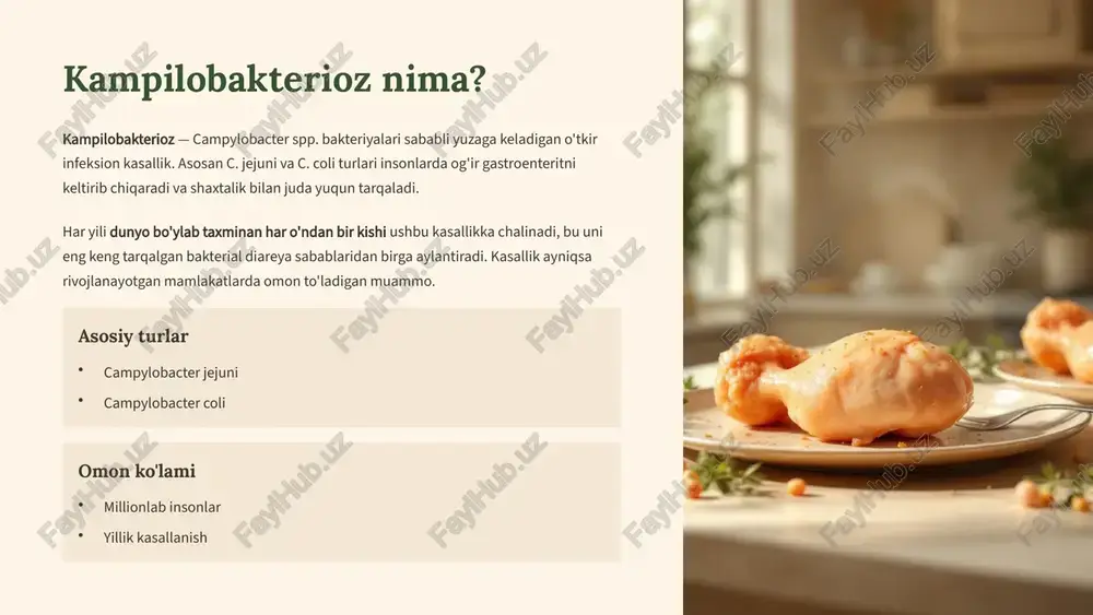 zan asimptomatik kechishi mumkin, ayniqsa rivojlanayotgan mamlakatlarda. immuniteti zaif kishilarda bakteriemiya, artrit va guillain-barré sindromi kabi og'ir asoratlar yuzaga kelishi mumkin. 5 diagnostika: kasallikni aniqlash usullari klinik tahlil simptomlar va epidemiologik ma'lumotlar asosida shubha qilish. madaniyat o'stirish coprocultureni maxsus muhitda o'stirish, campylobacter uchun mikroaerofilik sharoitlar talab qilinadi. mikroskopik o'rganish taravvujli mikroskopda spiral shaklidagi bakteriyalarni ko'rish mumkin. molekulyar usullar pcr testi orqali aniqlash aniq va tezroq, ammo qimmatli usul. 6 davolash: kasallikni boshqarish simptomatik davolash ko'p hollarda suyuqlik bilan davolash va elektrolit almashuvini tiklash yetarli. bemorga istirohat va to'g'ri oziq-ovqat maslahat beriladi. toza ichimlik suvi elektrolit eritmalari yengil taom antibiotikal davolash og'ir holatlarda yoki immuniteti zaif bemorlarda zarur. makrolidlar (erithromycin, azithromycin) birinchi tanlov, fluorxinolonlar — ikkinchi tanlov. tezlik muhim kurs uzunligi 5-7 kun qarshilik riski bor noto'g'ri antibiotik qo'llash qarshilik rivojlanishiga va davolashni murakkablashtiradi. 7 oldini olish: kasallik tarqalishini kamaytirish to'liq pishirish go'shtni, ayniqsa parranda go'shtini 75°c gacha yetkazib pishirish zarur. …