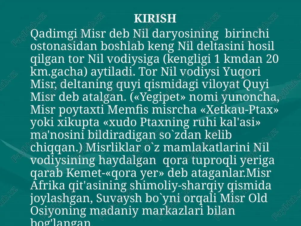 osi borib-borib o`rtayer dengizga quyiladi. nil daryosi quyilish joyini yunonlar “delta” deb atashgan,chunki dengizga quyiluvchi shaxobchalarning to`la-to`kis manzarasi uchburchaksimon,ya`ni yunoncha “delta” xarfiga o`xshash bo`lgan. nil vodiysi – xar ikkala qirg’oq bo’ylab 3 km dan 22 km gacha kenglikdagi va 6000 km uzunlikdagi sug’oriladigan yerlardir. nil vodiysini xar ikkala tomonidan tog’lar mudofaa devorlaridek muhofaza qilib turadi, adirlar ortida sahroi kabir va liviya cho`llarining ko`z ilg’amas qumliklari yotadi. daryoning har ikkala qirg’og’i qora tuproqli serhosil dalalardan iborat. vodiyliklar yurtga – “qora tuproq” yoki “nil in`omi” deb nom berishgan. xar xolda,hamma vaqt ham shunday bo`lmagan. qadim o`tgan zamonlarda nil vodiysi odam o’tolmaydigan papirus butalari bir-biriga chirmashib ketgan botqoqliklar bilan qoplangan,suvda son-sanoqsiz yirtqich timsohlar kun kechirar, quruq yerlarda yovvoyi hayvonlar galasi sang’ib yurar,botqoqliklarda esa zaharli ilonlar yashar edi. vaqt o`tgani sayin iqlim o’zgarib bordi,suv ham yildan-yilga kamayaverdi,shimoliy afrika ham cho’lga aylana bordi. odamlar nil vodiysi va deltasini o’zlashtira boshladilar. shu taxlid ziroatchilik aholini asosiy …