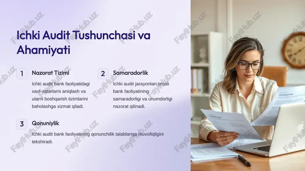 professionalizm. 3 ko'nikmalar tahlil, kommunikatsiya, muammolarni hal qilish, axborot texnologiyalari. 6 ichki audit jarayonining asosiy bosqichlari rejalashtirish audit dasturi va dasturini ishlab chiqish. tekshirish topilgan dalillar va hodisalarni to'plash va tahlil qilish. xulosalar tavsiya va takliflar tayyorlash va rasmiylashtirish. monitoring tavsiyalarning amalga oshirilishini nazorat qilish. 7 ichki audit xulosalarini amalga oshirish taqdimot topilgan xatolar va takliflarni raxbariyatga taqdim etish. muhokamalash topilgan xatolar va tavsiyalar bank rahbariyati bilan muhokama qilish. muddatlar tavsiyalarni amalga oshirish uchun muddatlar belgilash. monitoring tavsiyalarning bajarilishini nazorat qilish va baholash. 8 ichki audit samaradorligini baholash maqsad rejalarni bajarish darajasi topilgan xatolar soni tavsiyalar qabul qilinish foizi nazorat xatolarni kamaytirish dinamikasi xatolar aniqlash tezligi tavsiyalar bajarilish darajasi takomillashtirishlar audit jarayonini yaxshilash bo'yicha takliflar xodimlar malakasini oshirish texnologiya va jarayonlarni takomillashtirish 9 xulosa va takliflar 1 xulosa tijorat banklarida samarali ichki audit tizimini joriy etish bank faoliyatining barqarorligi va samaradorligini oshiradi. 2 takliflar ichki audit xizmatiga oid qonun va …