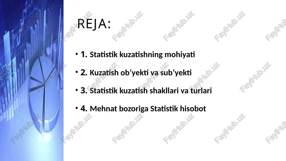 dagi uch bosqichda amalga oshiriladi: kuzatish obyektlarini qayd qilish ma’lumotlarni bevosita yig‘ish to‘plangan ma’lumotlarni tekshirish va nazorat qilish 2. kuzatish ob’yekti va sub’yekti kuzatish ob’yekti - bu tekshirish o'tkaziladigan hodisa va jarayonlar yig‘indisi yoki statistik ma’lumotlar qayd qilinadigan aniq chegara miqdori (oralig‘i)dir. masalan, aholi ro'yxati o'tkazilavotgan bo'lsa, biz aniq belgilab olishimiz kerak, qaysi aholini ro‘yxatga olmoqchimiz: mavjud aholinimi yoki doimiy aholinimi? tijorat korxonalarini ro'yxatga olish uchun, oldin aniq bilishimiz kerakki, qaysi korxonalar tijorat korxonalari bo‘lib hisoblanadi? kuzatish dasturi - bu kuzatish davomida yig‘ilishi kerak bo‘lgan savollar yoki qayd qilinishi lozim bo‘lgan belgilar va ko‘rsatkichlar ro'yxatidir. u qisqa, tushunarli bo‘lishi kerak va faqat aniq javob olinishi mumkin bo‘lgan, shubha tug‘dirmaydigan va bir-birining javoblarini nazorat qila oladigan savollardan tashkil topgan bo‘lishi kerak. dastur tuzish statistik kuzatishning eng og‘ir va mas’uliyatli bosqichidir. kuzatish birligi - bu hisob asosi yoki kuzatishda qayd qilish belgisiga ega bo‘lgan birlikdir. kuzatish birligi bo‘lib aholi ro‘yxatida har bir …