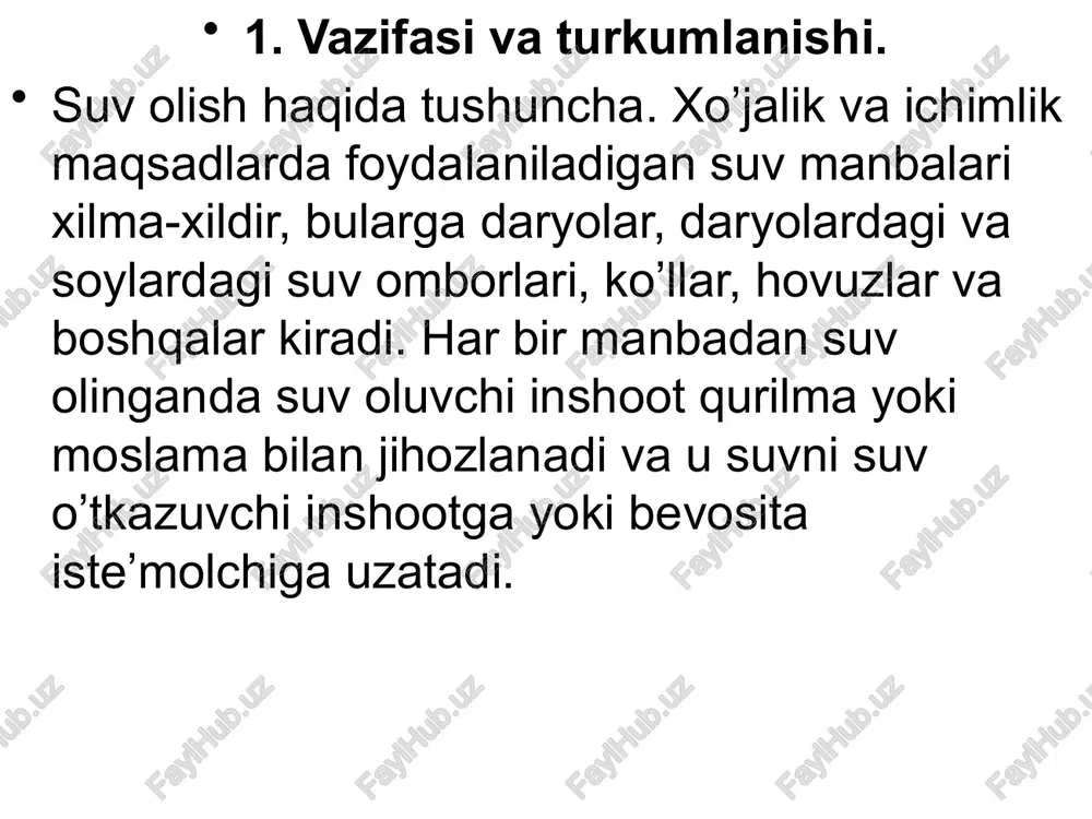 suv o’tkazishni mustaqil ikki tomonga joylashgan suv olish inshooti yordamida amalga oshirish mumkin, ulardan har biri suvni faqat bir qirg’oqqa uzatadi. o’z navbatida suvni ikki tomonga o’tkazishni bir tomonga suv olish orqali amalga oshirish ham mumkin. bu holda suv sarfining bir qismi suv tashlash to’g’onida qurilgan dyuker yordamida amalga oshirish mumkin. suv olish gidrouzellari inshootlari tarkibi. ularning turlari (to’g’onsiz va to’g’onli) tizimning suv berish usuli, daryoning gidrogeologik va o’zan rejimlari va boshqa ko’pgina mahalliy sharoitlarga bog’liq bo’ladi. umuman irrigatsiya gidrouzellari asosiy inshootlari tarkibiga suv oluvchi bosh inshoot, suv o’tkazuvchi to’g’onlar, mahalliy materialdan barpo etiladigan ustidan suv o’tkazmaydigan to’g’onlar, yuqori va pastki beflardan o’zanni rostlovchi dambalar, muz tashlagichlar, tindirgichlar, hamda ko’priklar kiradi. 2. suv olish inshooti turini tanlash suv olish inshooti turi mahalliy sharoitlarning belgilariga ko’ra tanlanadi, ularga quyidagilar kiradi: 1) daryodan foydalanish planining qabul qilingan bosh sxemasi; 2) daryodan keladigan suvning umumiy miqdori, olinadigan suvning sarfi va suvning sifatiga qo’yiladigan …