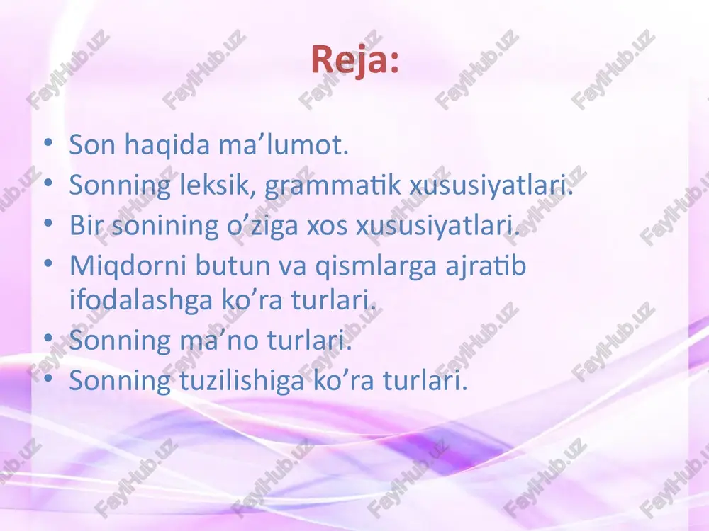 ngan sifatlarning ot tushib qolganda (otlashadi). turlanadi (2 xil tushunchani –miqdor, predmetni, tasavvurni aks ettiradi). (maqol, afforizm, hikmatli so’zlarda uchraydi). bilagi zo’r birni yiqar, bilimi zo’r mingni yiqar. (ikkoviga birov botolmas, otliqqa yayov yetolmas) 10 bir yonda, 100 bir yonda, botir yurar maydonda. otlashgan son fikrni stimistik jixatdan ixcham, obrazli ifodalash uchun xizmat qiladi. hamma turlari ham turlanmaydi, chamali son (-tacha, -lab) –lar, va kasr songa qo’shilmaydi. i shaxs birlik egalik sanoq son otlashgan formaga qo’shilmaydi: oltim, beshim. 2. son yasalish sistemasiga ega emas. 3. sonning turli modal formlarini hosil qilgan forma yasovchi qo’shimchalar bor, -ta, -tacha, -tadan, -ov kabi. sonning bu modal formalari predmetning to’dasini. taxminiy miqdorini, taqsimini, joylashish tartibini ko’rsatadi: beshtadan daftar, iii kurs, uchchala talaba. 4. hisob so’zlari bilan qo’llanadi. 2 juft tufli, 1 so’m (pul), 1990 yil. sintaktik xususiyatlari: 1. sifatlovchi aniqlovchi: sizday yetti yigitim bo’lsa, 7 iqlimni zabt eta olardim.(o). 2. otlashganda (sanoq, tartib, jamlovchi) …