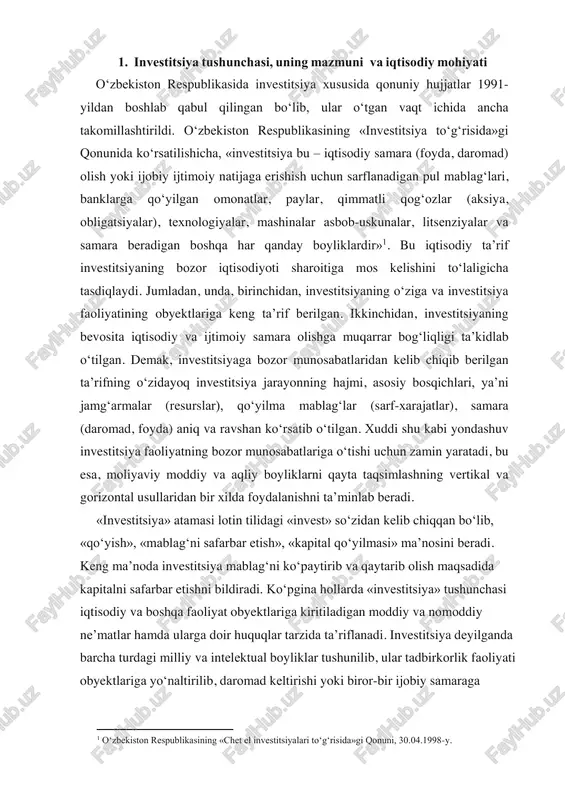 bildiradi. ko‘pgina hollarda «investitsiya» tushunchasi iqtisodiy va boshqa faoliyat obyektlariga kiritiladigan moddiy va nomoddiy ne’matlar hamda ularga doir huquqlar tarzida ta’riflanadi. investitsiya deyilganda barcha turdagi milliy va intelektual boyliklar tushunilib, ular tadbirkorlik faoliyati obyektlariga yo‘naltirilib, daromad keltirishi yoki biror-bir ijobiy samaraga 1 o‘zbekiston respublikasining «chet el investitsiyalari to‘g‘risida»gi qonuni, 30.04.1998-y. erishishi zarur. investitsiya kiritishdan asosiy maqsad daromad olish va ijobiy ijtimoiy samaraga erishishdir. investitsiya kiritishda, avvalo: – investitsiya faoliyati subyektlarining mustaqilligi va tashabbus- korligining ta’minlanishi; – kiritilayotgan moddiy ne’matlarga investitsiya maqomini berish (fuqarolar o‘z ehtiyojlarini qondirish uchun sotib olgan buyumlari investitsiya bo‘la olmaydi); – qonun bilan belgilangan investitsiya faoliyatini amalga oshirish imkoniyati yaratilishi zarur. investitsiya tushunchasiga yangi kapitalni barpo etish uchun sarflangan xarajat sifatida ham ta’rif berish o‘rinli. investitsiyalar yangi korxonalar qurilishiga, mashina va asbob-uskunalar sotib olishga, ya’ni yangi kapitalni barpo etishga ketgan xarajatlardir. investitsiya tushunchasining mazmunini to‘liq ochib berish uchun unga berilgan ta’riflarni keltirish joiz. investitsiyalar – bu hali …