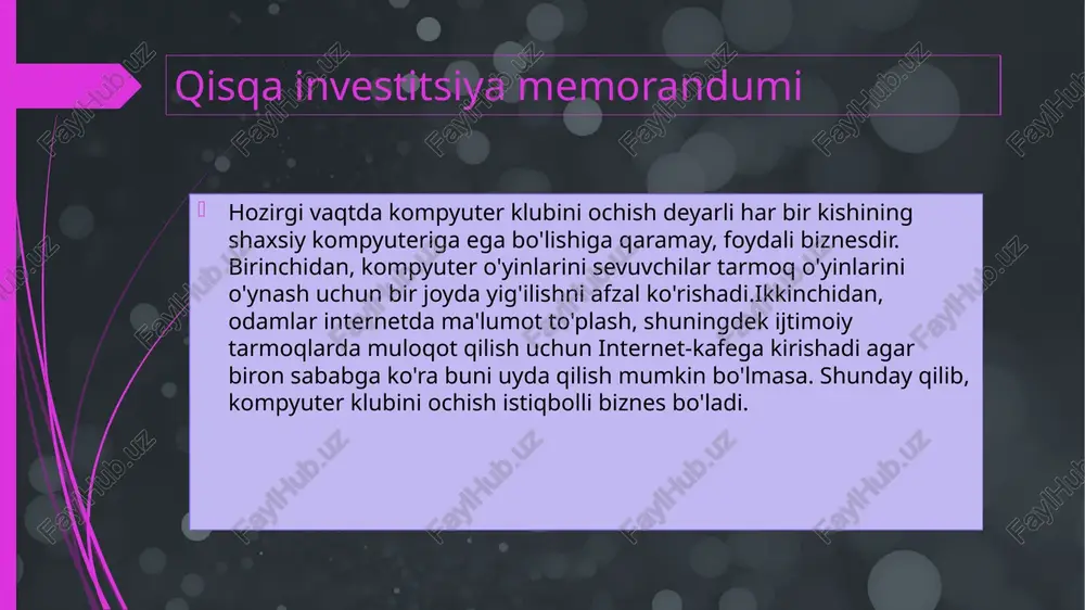 znes tavsifi kompyuter sinfini ochishda ijaraga olingan xonaning joylashishini hisobga olish kerak. foydali joylashuv bilan sizning klubingiz tezda to'liq bandlikka erishishi va doimiy foyda keltirishi mumkin.mebel sotib olayotganda qulaylik va qulaylikka alohida e'tibor bering. xarajatlarni kamaytirish uchun mebel xitoyda buyurtma qilinishi yoki mamlakatimizda xitoy mebellarini etkazib beruvchilarni topishi mumkin.uskunalar va tovarlarni sotib olishdan tashqari, kompyuterlar uchun litsenziyalangan dasturiy ta'minotni sotib olish kerak. barni tashkil qilish uchun sizga kerak bo'ladi: elektr choynak mikroto'lqinli pech televizor kassa apparat ibar jihozlari (plitalar, vilkalar pichoqlar va boshqalar) mebel siz yangi jihozlarni sotib olishingiz kerak, chunki bu to'satdan buzilishlar va qo'shimcha xarajatlarning oldini olishga yordam beradi. 6 savdo bozorining tavsifi asosiy maqsadli auditoriya: yoshlar (maktab o'quvchilari, talabalar)21 yoshdan 30 yoshgacha bo'lgan odamlar boshqa toifadagi odamlar ham sizning klubingizdan foydalanadilar, ammo ularning ulushi kamroq bo'ladi. hozirgi vaqtda ushbu bozorda raqobat kam, chunki klublarning aksariyati yopilgan. qo'shimcha xizmatlar sifatida siz butun kompaniya uchun alohida xonani ijaraga olishingiz …