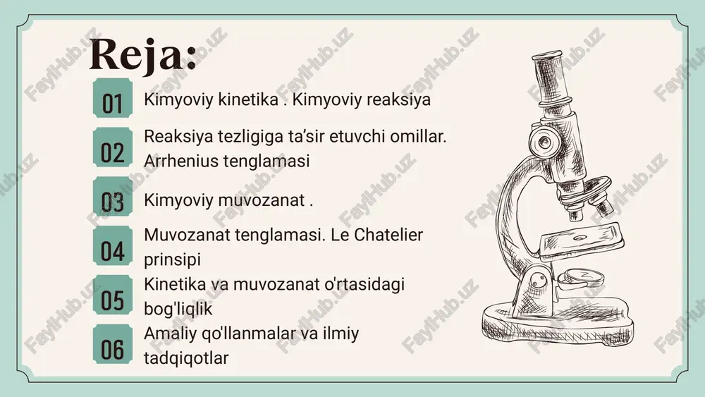 , t— absolyut harorat (kelvin, k), e — natural logarifm asosi (taxminan 2.718). arrhenius tenglamasi haroratning ta’siri – harorat oshgan sari kkk ortadi, chunki zarrachalar aktivlanish energiyasidan yuqori energiya to‘plash ehtimoli ortadi. aktivlanish energiyasi – yuqori ea qiymatli reaksiyalar past haroratda juda sekin kechadi. katalizator ta’siri – katalizatorlar ea​ ni kamaytirib, reaksiya tezligini oshiradi. agar grafik jihatdan qaralsa, ​ ga qarshi chizilsa, bu to‘g‘ri chiziq hosil qiladi, va uning nishabligi ga teng bo‘ladi: bu formuladan foydalanib, laboratoriya sharoitida ea​ va a ni aniqlash mumkin. arrhenius tenglamasining ahamiyati: kimyoviy muvozanat kimyoviy muvozanat qaytar reaksiyalar davomida o‘rnatiladigan dinamik holat bo‘lib, bunda oldinga va orqaga reaksiyalar tezligi tenglashadi. fanga kiritilishi kimyoviy muvozanat tushunchasi va uning matematik ifodasi cato maximilian guldberg va peter waage tomonidan 1864-yilda ishlab chiqilgan. ular massalar ta’sir qonunini taklif qilib, muvozanatning miqdoriy ifodasini yaratdilar. bu qonun muvozanatga ta’sir qiluvchi omillarni tushunishda va reaksiya sharoitlarini optimallashtirishda asosiy rol o‘ynaydi. massalar ta’sir …