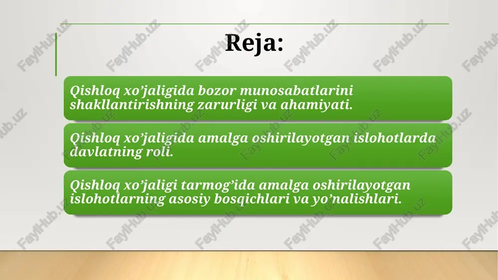 dir. masalan, tarmoqda faoliyat yuritayotgan tadbirkorlarning o’zlariga ajratib berilgan yer maydonida tuproq erroziyasining oldini olish uchun tegishli chora-tadbirlarni amalga oshirish, yerlarning meliorativ holatini yaxshilash, turli irrigatsiya obyektlarini qurish va undan foydalanishni tashkil etish uchun iqtisodiy imkoniyati yetmasligi mumkin. buning natijasida yer va suv resurslaridan foydalanishning holati yomonlashadi. bundan tashqari, tarmoqda ilmiy tadqiqotlarni yo’lga qo’yish va ularni moliyalashtirish jarayonida ham davlatnjing o’rni muhim. mamlakatimiz hukumati qishloq xo’jaligi tarmog’i oldidagi muhim vazifalarni e’tiborga olgan holda tarmoqni rivojlantirish bo’yicha choratadbirlarni amalga oshirishni o’z zimmasiga olgan. hozirgi davrda respublikamiz hukumati agrar siyosatning strategik yo’nalishlarini belgilab, uni ta’minlash bilan bog’liq tadbirlarni amalga oshirish choralarini ko’rmoqda. respublikamiz hukumati agrar siyosatning strategik yo’nalishlarini belgilab, uni ta’minlash bilan bog’liq tadbirlarni amalga oshirish choralarini ko’rmoqda. hukumatning asosiy e’tibori qishloq xo’jaligining barcha sohalari yagona fan-texnika siyosatiga asoslangan holda rivojlanishini ta’minlashga qaratilgan. davlatning agrar sohada amalga oshirayotgan islohotlarning asosiy yo’nalishlari quyidagilar: mamlakatda oziq-ovqat xavfsizligini ta’minlash uchun qishloq xo’jaligi mahsulotlari ishlab chiqarish …