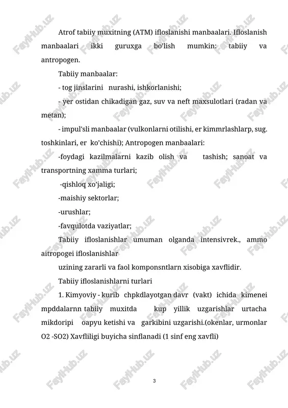iga atrof pux,it xaroratini kugarilishi; shovkin (akustik) - shovkdn intensivligini tabiiy darajasidnch oshib ketishp xpsobiga sodir buladi. elektromagnit - atrof muxit elektromagnit xususiyatlarshsh sharshpp xpsobiga sodir buladi (yukrri kuchlattishli elektruzatkichlar, rnlpo va televidenie uzatkichlari stanpiyalari, be '.zi sanoat ishlab chikarish dastgoxlari va boshqalar) 1-3 ilovalarda fizik ifloslanishlarni uslublarini bir necha turlari keltirilgan. ahborot (infarmasion) insonni psixofiziologiya xolatiga ta`siri.asbsiy manbaalari bo’lib, ommaviy axborot vositalari (televidenie,gazetalar, jurnallar, juda siyqasi chiqqan kitoblar) va turlipndividual va jamoa tarhibot vositalari va "missionerlik"ta`sirlar (turli sentalar va shaytoniy hamda ekstrasensorlifaoliyatlar ham kiradi) xisoblanadi. bunga odamki turli "zambillashtirish" lar ham kiradi. insonlarni bunday axborotifloslanishlar ta`sirlariga reaksiyasi qo’ykdagi ko’rinishlardashizofreniya, o’z -o’zini o’ldirish, odamlarni o’ldirish, hamda biotalarni (biota - umumiy tarqalish xududlardagi o’simlik, xaivonot va mikroorganizmlarni) yo’q qilish. 4. ilovada axborot ifloslanishlarni ba`zi ko’rinishlari kreltirilgan. biologik - ekologik tizimga floraga, faunaga va xosildor tuproq qatlamiga salbiy ta`sir ko’rsatadigan bakteriya, viruslar va boshqa biologik tarkiblar. ifloslanishlarni nazorat usullari hamma nazorat usullarini …