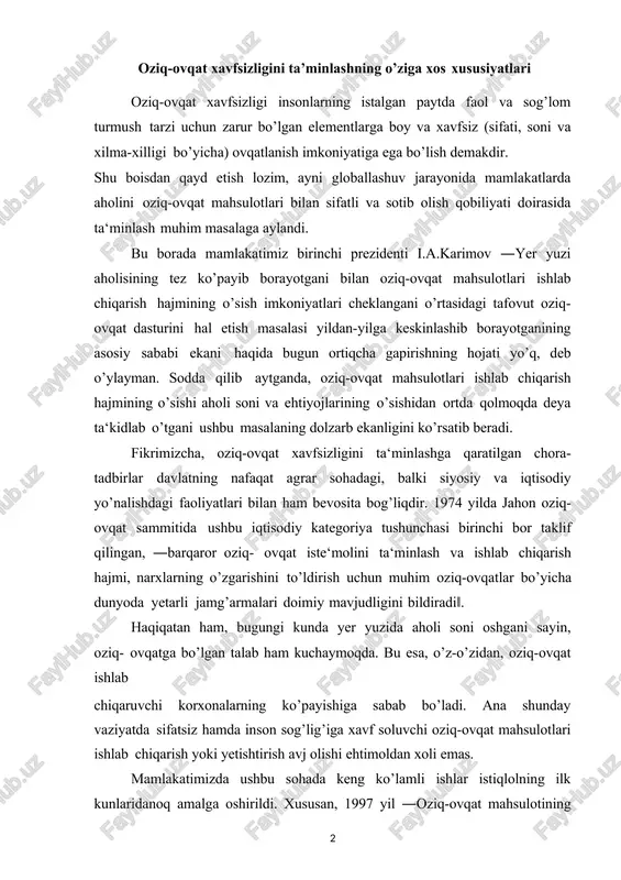 qaruvchi korxonalarning ko’payishiga sabab bo’ladi. ana shunday vaziyatda sifatsiz hamda inson sog’lig’iga xavf soluvchi oziq-ovqat mahsulotlari ishlab chiqarish yoki yetishtirish avj olishi ehtimoldan xoli emas. mamlakatimizda ushbu sohada keng ko’lamli ishlar istiqlolning ilk kunlaridanoq amalga oshirildi. xususan, 1997 yil ―oziq-ovqat mahsulotining sifati va xavfsizligi to’g’risida‖gi qonunning qabul qilinishi buning yaqqol misolidir. zotan, oziq-ovqat xavfsizligi sifatining xavfsizligi va uning ta‘minlanganlik darajasi, zaxiralarning mavjud bo’lishi kabi omillar orqali umumiy oziq-ovqat barqarorligi ta‘minlanadi. ya‘ni oziq-ovqatning inson salomatligiga bo’lgan salbiy ta‘sirini tartibga solish borasidagi tadbirlar birinchi navbatdagi masala bo’lsa, ikkinchidan, oziq-ovqat yuzasidan boshqa mamlakatlarga qaram bo’lishning oldini olishdir. davlat darajasida oziq-ovqat xavfsizligiga erishish uchun mamlakat zarur oziq-ovqat mahsulotlarini ishlab chiqarishi yoki import qilishi, saqlashi, taqsimlashi va oziq-ovqatni adolatli hammabop bo’lishini ta‘minlashi lozim. taqqoslash sifatida aytish mumkinki, o’zbekistonda don va sabzavot mahsulotlarini iste‘mol qilish boshqa rivojlanayotgan davlatlar darajasida, don ekinlarini yetishtirish bo’yicha esa rivojlangan davlatlardan ham ko’p ekanligini ko’rish mumkin. aksincha, baliq mahsulotlarini iste‘mol qilish …