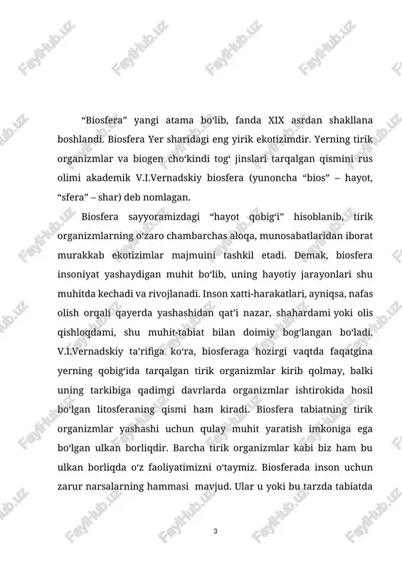 bilan birga erkin kislorodni ham hosil qiladi. erkin kislorod esa yordamchi jarayonlar uchun katta rol o‘ynaydi. dastlabki paytlarda “biosfera” atamasi orqali sayyoramizda yashovchi tirik organizmlarning o‘zaro bog‘liqligi va yashashi tushunilgan, ayrim vaqtlardagina ularning geografik, geologik va kosmik jarayonlar bilan bog‘liqligi haqida fikr yuritilgan. keyinchalik biz yashab turgan tirik tabiatning tabiatdagi anorganik moddalar va ularning ta’sir kuchiga bog‘liq ekanligi olimlar tomonidan tan olindi. v.i.vernadskiy birinchi bo‘lib tirik organizmlarning geologik roli to‘g‘risidagi ta’limotni yaratdi va yer po‘stining o‘zgarishida tirik organizmlar faoliyati bosh omil ekanini ko‘rsatdi. yer va uni o‘rab turgan tashqi muhit quyosh tizimining bir qonuniyat asosida rivojlanishi mahsuli hisoblanadi. bundan 4,7 mlrd. yillar burun quyosh tizimida gaz moddalaridan yer sayyorasi hosil bo‘ldi. yer o‘zining rivojlanishi va hayotiy jarayonlari uchun quyoshdan elektromagnit nurlari ko‘rinishida energiya olib turadi. quyoshning harorati yerdagi iqlimni hosil qiladi va barcha geologik jarayonlarning borishi uchun asos bo‘lib qoladi. yerning tubidan juda katta miqdorda harorat chiqadi. sayyoramizning hajmi nisbatan …