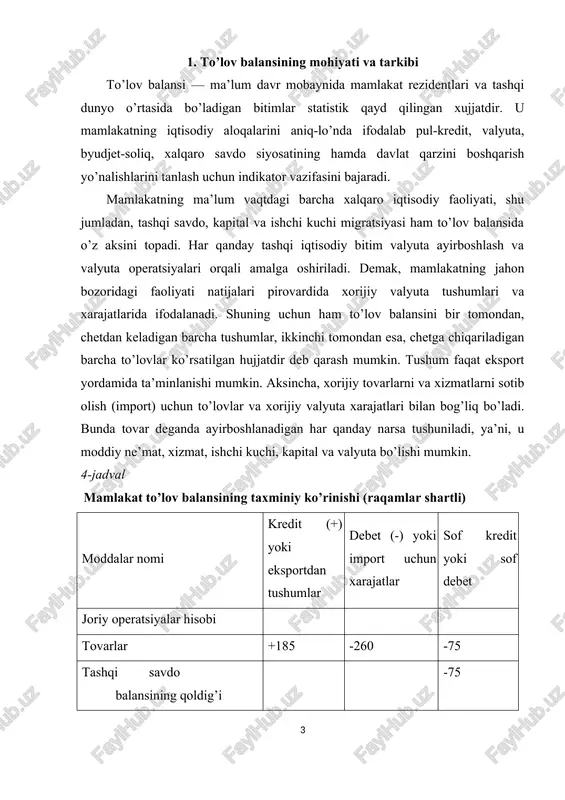 akatining hisobi investitsiyalar va boshqa o’rta va uzoq muddatli kapital +150 -87 +63 kapital harakati balansining qoldig’i +63 joriy operatsiyalar va kapital harakati bo’yicha balansning qoldig’i -24 rasmiy zahiralar (oltin, xfvdagi zahiralar) +24 +24 to’lov balansida barcha iqtisodiy bitimlar ikkita katta guruhga bo’linadi: joriy operatsiyalar va kapital harakati bilan bog’liq operatsiyalar. shunga ko’ra to’lov balansi strukturasi ham ikki qismdan iborat: 1. joriy operatsiyalar hisobi; 2. kapital harakati hisobi. joriy operatsiyalar hisobida mahsulotlar va xizmatlar eksporti «qo’shish», import esa «ayirish» ishoralari bilan belgilanadi. ya’ni, joriy operatsiyalar hisobida ichki mahsulotlar eksporti kredit, aksincha mamlakatga mahsulotlar olib kelish - import esa debet sifatida ko’rsatiladi. chunki, mahsulotlar eksporti xorijiy valyuta ishlab topib, mamlakat valyuta zaxirasini boyitsa, import esa mamlakatdan valyuta chiqib ketishiga olib keladi. bu esa o’z navbatida mamlakat valyuta zaxirasini kamaytiradi. joriy operatsiyalarning asosiy moddasi tovarlar eksporti va importi hisoblanadi, ularning farqi tashqi savdo balansining qoldig’i deb yuritiladi. misolimizda bu balans salbiydir, ya’ni, …