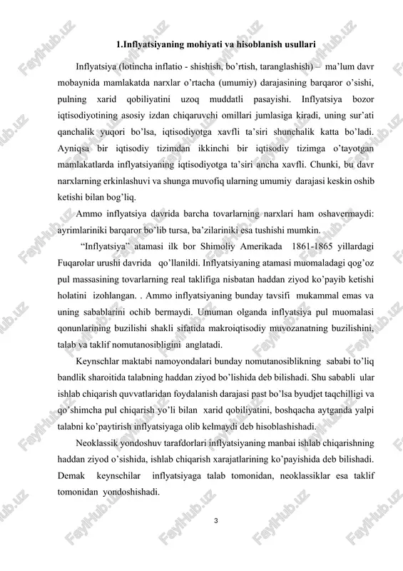. neoklassik yondoshuv tarafdorlari inflyatsiyaning manbai ishlab chiqarishning haddan ziyod o’sishida, ishlab chiqarish xarajatlarining ko’payishida deb bilishadi. demak keynschilar inflyatsiyaga talab tomonidan, neoklassiklar esa taklif tomonidan yondoshishadi. agar iqtisodiyotda tovarlar va xizmatlar massasi yalpi talabga nisbatan sekinroq o’ssa, yoki yalpi talab ko’paygani holda o’zgarmasdan tursa, bu nomutanosiblik narxlar darajasining ko’tarilishi orqali bartaraf etiladi. oqibatda pul birligining xarid qobiliyati pasayadi va milliy iqtisodiyotning qo’shimcha pul massasiga ehtiyoji paydo bo’ladi. inflyatsiya nafaqat pul muomalasining izdan chiqishi, balki butun takror ishlab chiqarish mexanizmining kasali, makroiqtisodiy buzilishlar natijasidir. narxlarning o’sishi, pul birligi xarid qobiliyatining pasayishidan tashqari inflyatsiya namoyon bo’lishining quyidagi uch belgisi ham bor. bular: 1. valyuta kururslarining o’zgarishi; 2. kredit berish shartlarining qimmatlashuv va muddatlarining qisqarishi tomon o’zgarishi; 3. kundalik ehtiyoj mollaridan iborat iste’mol savati narxsining o’sishi. inflyatsiya narx indekslari - deflyator va iste’mol narxlar indeksi yordamida aniqlanadi. narxlar o’rtacha (umumiy) darajasining nisbiy o’zgarishi inflyatsiya darajasi (narxlarning o’sish sur’ati) deb ataladi. makroiqtisodiy modellarda …