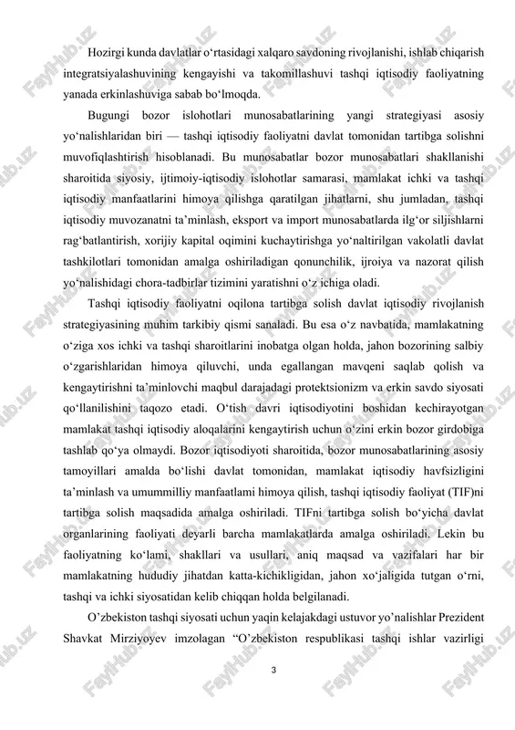 ng asosiy tamoyillari amalda bo‘lishi davlat tomonidan, mamlakat iqtisodiy havfsizligini ta’minlash va umummilliy manfaatlami himoya qilish, tashqi iqtisodiy faoliyat (tif)ni tartibga solish maqsadida amalga oshiriladi. tifni tartibga solish bo‘yicha davlat organlarining faoliyati deyarli barcha mamlakatlarda amalga oshiriladi. lekin bu faoliyatning ko‘lami, shakllari va usullari, aniq maqsad va vazifalari har bir mamlakatning hududiy jihatdan katta-kichikligidan, jahon xo‘jaligida tutgan o‘rni, tashqi va ichki siyosatidan kelib chiqqan holda belgilanadi. o’zbekiston tashqi siyosati uchun yaqin kelajakdagi ustuvor yo’nalishlar prezident shavkat mirziyoyev imzolagan “o’zbekiston respublikasi tashqi ishlar vazirligi faoliyatini tubdan takomillashtirish hamda tashqi siyosiy va tashqi iqtisodiy faoliyatning ustuvor yo’nalishlarini amalga oshirishda uning mas’uliyatini kuchaytirish chora-tadbirlari to’g’risi”dagi farmon yuzasidan berilgan ilovada sanab o’tilgan. milliy qonunchilik bazasiga kiritilgan bu hujjatda o’zbekiston uchun markaziy osiyo asosiy ustuvor yo’nalish ekanligi yana bir bor ta’kidlanadi. unda mintaqada davlat chegaralarini aniqlashtirish ishlari yakunlanishiga, suvdan foydalanish muammosi hal etilishiga, mintaqa xalqlari o’rtasida turli darajadagi aloqalar kengayishiga umid bildirilgan. yaqin kelajakda qozog’iston …