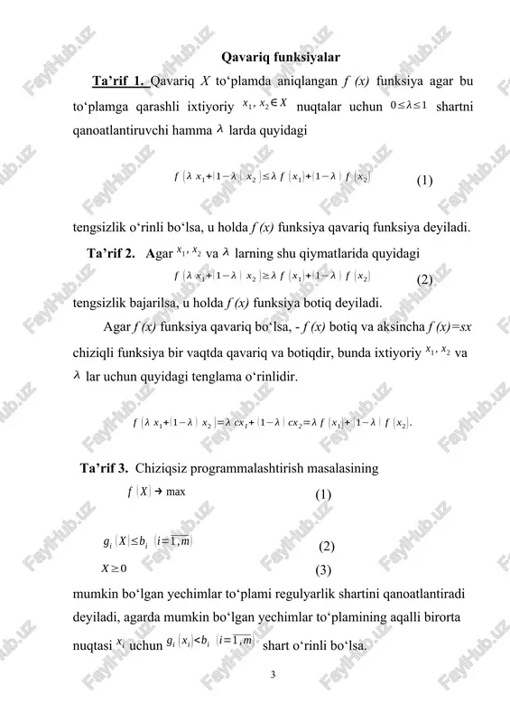 asining minimumi mavjudligini birinchi tartibli zaruriy sharti bajarilish kerak, ya’ni shart o‘rinlidir. f (x) va funksiyalar qavariq funksiyalar bo‘lganligi uchun ixtiyoriy uchun (6) funksiyaning ham qavariqligi kelib chiqadi. shu sababli ixtiyoriy lar uchun (7) bo‘ladi. nuqtani, teorema shartiga ko‘ra, qavariq programmalashtirish masalasi (1) – (3) ning yechimi deb faraz qilganimiz uchun (8) tengsizlik o‘rinlidir. (8) ga ko‘ra, barcha uchun (9) ekanligi kelib chiqadi. ikkinchi tomondan (6) dan (9) ni nazarda tutsak. (10) ekanligi kelib chiqadi. (7) va (10) tengsizliklardan (5) ning to‘g‘riligi kelib chiqadi. demak, isbot qilingan teoremaga ko‘ra, lagranj funksiyasining egar nuqtasi mavjud bo‘lsa, qavariq programmalashtirish masalasining yechimi mavjud degan xulosaga kelamiz. chiziqsiz programmalashtirish masalasining g r a d i ye n t u s u l i gradient usuli yordamida, har qanday chiziqsiz programmalashtirish masalasini yechish mumkin gradient usuli bilan berilgan masalaning yechimini topish jarayoni, iteratsion (ketma–ket) jarayon bo‘lib, funksiyaning gradienti qadamda nol bo‘lmaguncha yoki yetarlicha kichik uchun …