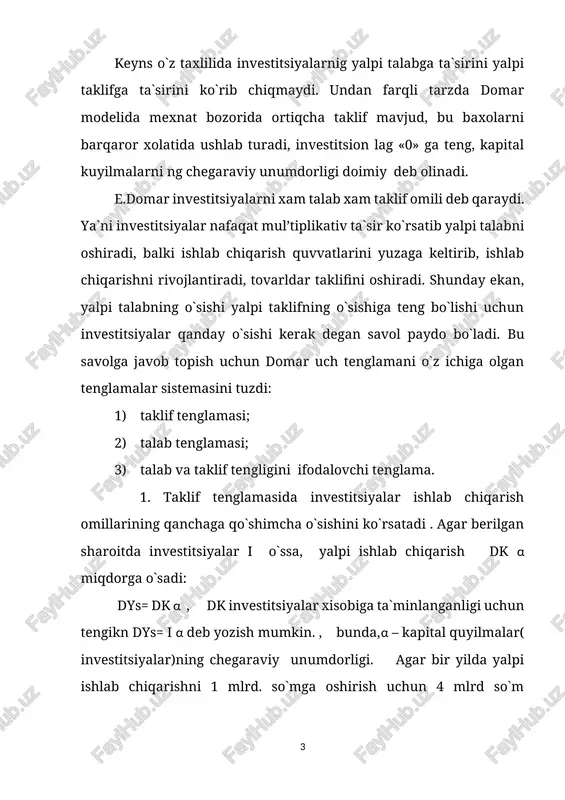 ko`rsatadi. ishlab chiqarish to`plangan jami kapital bilan ta`minlanishi, milliy daromad esa qo`shimcha investitsiyalarning multiplikativ ta`siri ostida ko`payishi sababli taklif tenglamasida jami investitsiyalar, talab tenglamasida esa qo`shimcha investitsiyalargina ko`rib chiqilaadi. 3. daromadlar va ishlab chiqarish quvvatlarining qo`shimcha o`sish sur`atlari tengligi tenglamasi: d i ( 1/ μ) = i α bu tenglamani echib suyidagi natijani olamiz: d i / i = μ α (d i / i ) – investitsiyalarning yillik o`sish sur`ati bo`lib, ishlab chiqarish quvvatlarini oshirish yordamida to`liq bandlilikni ta`minlab turish uchun (μ α) miqdorga teng bo`lishi kerak. bundan xulosa shuki investitsiyalarning mutanosib o`sish sur`atijamgarishga chegaralangan moyillik va investitsiyalarning unumdorligi ( kapital kaytimi) darajalarining xosilasi ekan. agar μ = 0,2 α=0,4 bo`lsa d i / i = 0,2* 0,.4 =0,08 yoki 8 % demakinvestitsiyalarning o`sish sur`ati 8% bo`lishi talab etiladi. e. domar moddelidan kelib chiqadigan umumiy xulosa shuki iqtisodiy o`sishni ta`minlash uchun investitsiyalar xajmini oshirish, bu uchun esa jamgarish normasi …