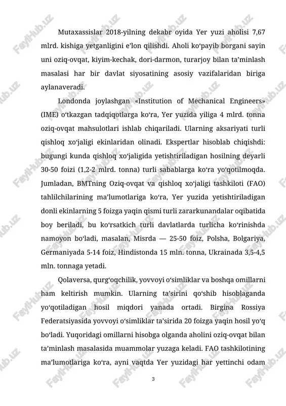 t chekmoqda. yuqoridagi sabab va omillar soha mutaxassislari oldiga aholini oziq-ovqat mahsulotlari bilan ta’minlash, buning uchun zarur o‘simlik navlari (ayni vaqtda yer yuzi aholi iste’mol qiladigan oziq-ovqatning 80 foizi 12 turdagi o‘simlikdan olinadi) va hayvon zotlarini yaratish, ularni yetishtirish biotexnologiyasini mukammallashtirish talabini qo‘ymoqda. ko‘pchilik biolog, ekolog, seleksioner va genetik mutaxassislar ushbu muammoni hal etishda turli begona o‘tlarga, zararkunandalarga, kimyoviy moddalar, qurg‘oqchilik, sovuq va boshqa cheklovchi omillarga bardoshli o‘simlik navlari va hayvon zotlarini yaratish, tabiiy seleksiya yo‘li bilan yaratish imkoni bo‘lmagan hollarda ularning genlarini modifikatsiya qilish orqali yaratishni mazkur muammoning yechimi sifatida ko‘rsatadilar. o‘quvchilarga yanada tushunarli bo‘lishi uchun qo‘shimcha tushuntirishlar berishga harakat qilaman. tabiiy seleksiya yo‘li degani tabiiy ravishda chatishtirish yo‘li bilan olinadigan o‘simlik navlari va hayvon zotlari olinishiga aytiladi. masalan, o‘zbek olimlari tomonidan vilt kasalligiga chidamli «toshkent 1», «toshkent 2» kabi g‘o‘za navlari oddiy g‘o‘za navlarini yovvoyi g‘o‘za bilan chatishtirish orqali olingan. yoki bug‘doyning qiltiriqsiz, qurg‘oqchilikka chidamli navlari, sersut qozog‘iston …