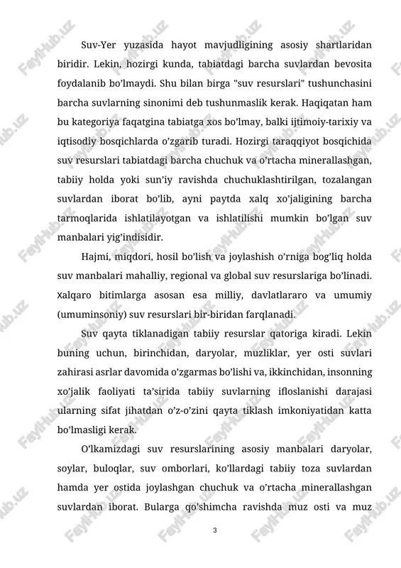 namlikni kiritish mumkin. demak, joylashish o’rniga ko’ra yuza suv resurslari bilan yer osti suv resurslari bir-biridan farq qiladi. lekin, ular o’zaro uzviy bog’langan. quyida o’lkamizning yuza suv resurslari sifatida oqim hosil bo’lish joyidan kelayotgan suv miqdori tushuniladi va ular daryolarning tog’lardan chiqish joyidagi suv o’lchash postlari ma’lumotlari asosida baholangan. shu bilan birga o’lkamizda mavjud bo’lgan ko’llar va suv omborlarining suv resurslari, ularning tabiiy va antropogen omillar ta’sirida sarflanishi, suv resurslarini muhofaza qilish masalalari ham yoritiladi. o’rta osiyoning yuza suvlari resurslari o’lkaning iqlim va orografik xususiyatlariga bog’liq holda g’oyat notekis taqsimlangan. uning deyarli uchdan ikki qismini egallab yotgan bepoyon tekisliklarida oqar suvlar juda kam uchraydi. tog’lardan bu yerlarga oqib tushadigan ko’pchilik daryolarga, to ularning quyilish joylariga qadar, bironta ham irmoq kelib qo’shilmaydi. o’lkamiz tog’larida sertarmoq daryolar, katta-kichik soy va jilg’alar juda ko’p. tog’larni o’rab olgan tog’oldi tekisliklarida ancha zich bo’lgan sun’iy gidrografik tarmoqlar mavjud. ular daryolar, soylar va buloqlardan suv olib, …