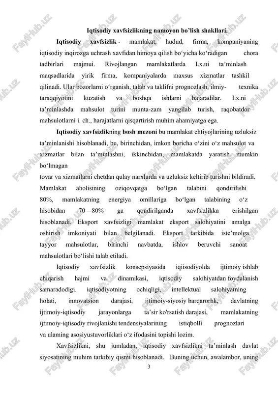 sodiy rivojlanishi tendensiyalarining istiqbolli prognozlari va ulaming asosiyustuvorliklari o‘z ifodasini topishi lozim. xavfsizlikni, shu jumladan, iqtisodiy xavfsizlikni ta’minlash davlat siyosatining muhim tarkibiy qismi hisoblanadi. buning uchun, awalambor, uning siyosiy-tashkiliy va huquqiy asoslari yaratiladi. ushbu maqsadda konsepsiya ishlab chiqiladi. uni ishlab chiqish esa iqtisodiyot holatini obyektiv baholashga hamda uning rivojlanish tamoyili va tendensiyalarini prognoz qilishga asoslanadi. buning uchun iqtisodiy xavfsizlikni belgilovchi vaziyat va holatlardagi sabab-oqibatlari aniqlanadi. shuningdek, iqtisodiy xavfsizlikni saqlash va mustahkamlashga mas’ul, javobgar davlat organlari, taslikilot va muassasalar belgilanadi. iqtisodiy xavfsizlik konsepsiyasi o‘z ichiga quyidagilarni oladi: -xavfsizlikni ta’minlash maqsadi va vazifalari; -ularni amalga oshirish yo'llari va usullari; -oliy hokimiyat va mahalliy hokimiyat organlari, iqtisodiyot tarmoqlari boshqaruv tizimlari, huquq-tartibot, milliy xavfsizlik organlarining umumdavlat, hududiy darajadagi iqtisodiy xavfsizlikni ta’minlash bo'yicha vazifalari; -mavjud va potensial xavfsizlikka tahdidlarni tahlil qilish; davlatning xavfsizlikni ta'minlashdagi imkoniyatlari, iqtisodiy resurslardan, vosita va kuchlardan ratsional foydalanishi nazarda tutiladi; iqtisodiy tahdidlarni bartaraf etish, ularning oldini olish va salbiy ta’sirin yumshatish …