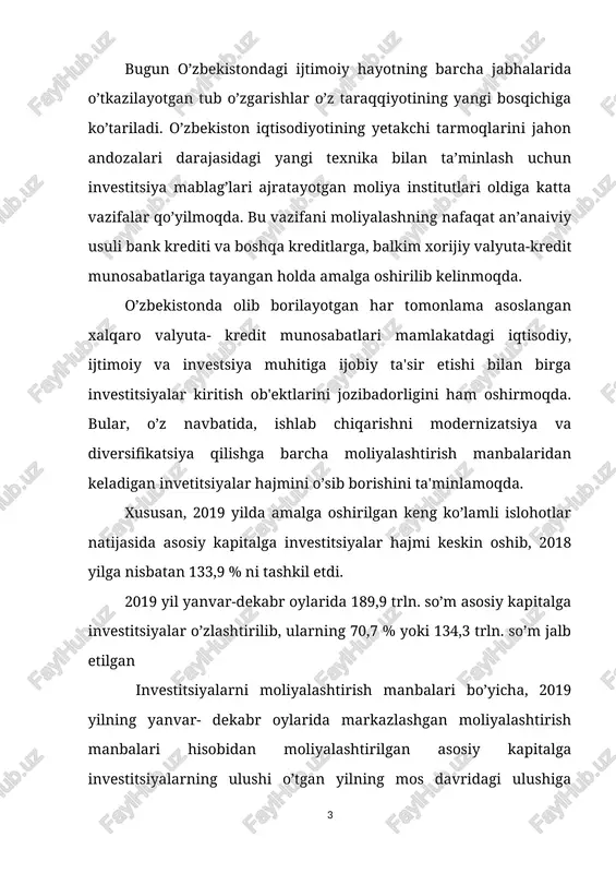 ko’payib, 73,4 % ni yoki 139237,5 mlrd. so’mni tashkil etdi. korxona va tashkilotlarning o’z mablag’lari hisobidan moliyalashtirilgan asosiy kapitalga investitsiyalar ulushi salmoqli bo’ldi – 39292,3 mlrd. so’m yoki jami asosiy kapitalga investitsiyalarning 20,7 %. aholi mablag’lari hisobidan jami asosiy kapitalga investitsiyalarning 8,6 % yoki 16302,5 mlrd. so’m o’zlashtirildi. 2019-yil yanvar-dekabr oylarida o’zlashtirilgan to’g’ridan-to’g’ri xorijiy investitsiyalar hajmi jadal o’sib, 37171,3 mlrd. so’mni tashkil etdi va 2018- yilning mos davridagi jami asosiy kapitaldagi ulushiga nisbatan 12,2 % punktiga ko’payib, 19,6 % ni tashkil etdi . shuningdek, tijorat banklar kreditlari va boshqa qarz mablag’lari hisobidan 24856,0 mlrd. so’m (jami asosiy kapitalga investitsiyalarning 13,1 % ini tashkil etib, 2018 yilga nisbatan 4,7 % punktga kamaydi), o’zbekiston respublikasi kafolati ostidagi xorijiy kreditlar 27866,4 mlrd. so’m (14,7 % va 0,9 % punktiga ko’paydi), kafolatlanmagan va boshqa xorijiy investitsiya va kreditlar 21615,4 mlrd. so’m (11,4 % va 8,3 % punktga ko’paydi), tiklanish va taraqqiyot jamg’armasi 6511,9 (3,4 …