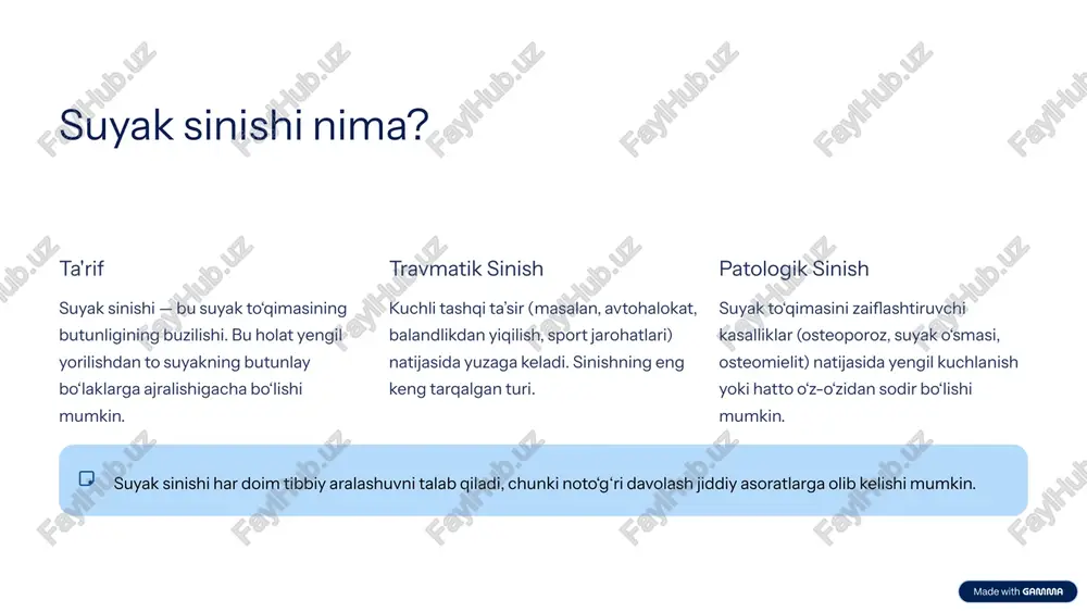 ezkor harakatlar birinchi yordamning asosiy maqsadi — immobilizatsiya (harakatsizlantirish) va keyingi shikastlanishning oldini olish. vaziyatni baholash va xavfsizlik o‘zingizni va jabrlanuvchini xavfsiz joyga oling. tez tibbiy yordamni chaqiring. qon ketishini to‘xtatish agar ochiq sinish bo‘lsa, steril bog‘lam yordamida qon ketayotgan joyga bosim qo‘ying. turniket faqat hayot uchun xavfli arterial qon ketishida ishlatiladi. singan joyni harakatsizlantirish (shina qo‘yish) singan joyni qo‘zg‘atmaslik uchun shina (splint) qo‘ying. bu qo‘shimcha og‘riq va shikastlanishni oldini oladi. shifoxonaga yetkazish jabrlanuvchini eng tez va ehtiyotkor yo‘l bilan tibbiyot muassasasiga yuborishni tashkil qiling. 5 shina (splint) qo‘yish qoidalari shina qo‘yishdan maqsad — sinish joyini mustahkam ushlab turish va atrofidagi bo‘g‘imlarni harakatsizlantirish. secure pad & splint align immobilize shina sifatida mavjud materiallardan foydalaning (taxtacha, qalin karton, rulonli gazeta). shina sinish joyidan tashqari, unga yaqin joylashgan ikkita bo‘g‘imni (yuqoridagi va pastdagi) ham ushlab turishi kerak. shinani qo‘l-oyoqni to‘g‘rilashga urinmasdan, mavjud holatda mahkamlang. bog‘lamlar qon aylanishiga xalaqit bermasligiga ishonch hosil qiling. …