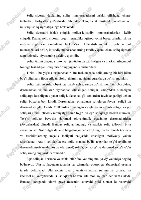 dan-to'g'ri axolining daromadi xisoblanadi. foyda (daromad) solig'i, yer solig'i va daromad solig'i to'g'ri soliqlarning eng yirik daromaddir. egri soliqlar korxona va tashkilotlar faoliyatining moliyaviy yakuniga bog'liq bo'lmaydi. ular sotilayotgan tovarlar va xizmatlar oborotiga (baxosiga) ustama tarzda belgilanadi. ular so'zsiz tovar qiymati va xizmat summasini oshiradi va iste’mol ni kamytiriladi. bu soliqlarni ba’zan iste’mol soliqlari deb xam ataladi. bundan qaraganda ularni guyo maxsulot sotuvchi yoki xizmat ko’rsatuvchi to'laetgan bo'ladi. aslida esa ularning xaqiqiy to'lovchisi tovar va xizmatlarni iste’mol qiluvchilar bo'ladi. egri soliqlar guruxiga ko'shilgan qiymat solig'i, aksiz solig'i va bojxona bojlari kiradi. soliq solish tizimining bir qancha elementlari mavjud va bular quyidagilardan iboratdir: soliq subyekti, obyekti, manbasi, soliq stavkasi, soliq solish birligi, soliqlardan imtiyozlar va boshqalar kiradi. biz avvalo soliq tizimi va soliq solish tizimi tushunchalarni bir-biridan farqini bilishimiz zarur. bu yerda nazariy jixatdan soliq tizimi soliqlar yig'indisi tushuniladi. soliq solish tizimi esa tashkiliy jixatdan, tuzilish usullari yig'indisi tushuniladi, ya’ni soliq …