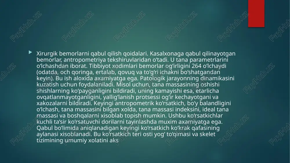annani issiq sovunli suv bilan yaxshilab yuvib, to‘ldiriladi. vannadagi suv xarorati taxminan 42 daraja bo‘lishi kerak. xaddan tashqari bug‘lanishning oldini olish uchun, oldin sovuq suv vannaga quyiladi, so‘ngra issiq suv quyiladi. bemorlar ning axvoli og‘ir bo‘lganda, ular vannadagi skameykaga o‘tirg‘iziladi va ustidan suv quyiladi. tana qismlarini yuvish ketma-ketligi: • bosh yuviladi; • qo‘l va ko‘krak qafasi; • chot orasi, qorin soxasi va bel; oyoqlar. sanitar ishlov berish va antropometriyadan so‘ng bemorlar tibbiy xodimlar bilan birgalikda ko‘rikdan o‘tkazish xonalariga boradilar va shundan so‘ng tashxis qo‘yish va davolash taktikasi belgilanadi. qabul qilish bo‘limining shifokorlari o‘rta tibbiyot xodimlari bilan birgalikda kasallik tarixini to‘ldiradilar (bemorning statsionar kartasi). uning titul saxifasida quyidagilar mavjud: • familiyasi, ismi, otasining ismi, • yoshi (va tug‘ilgan sanasi), • yashash joyi, • bemorning ish joyi, • yaqin qarindoshlari telefonlari yoki manzillari, • nogironlik xaqida guvoxnoma, dorilarga allergiyasi xaqida, qon guruxi, kasallikning boshlanish davri (favqulodda kasalxonaga yotqizilganlar uchun) to‘g‘risida eslatma. xirurgik …