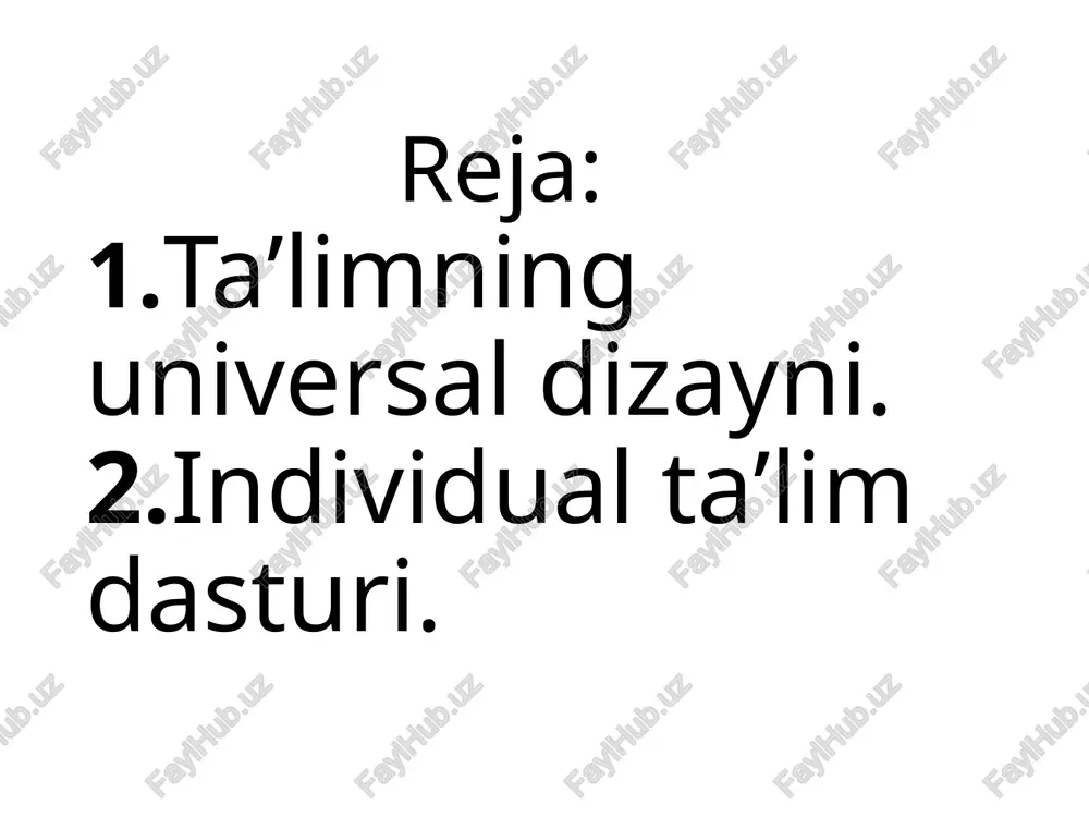 ish kutilgan natijani kafolatlaydi. - o’qitish shakllarini individuallashtirish bilan integratsiyalash sharoiti yaratiladi. - individuallashgan ta’lim – o’quv jarayoni sifati va samaradorligini ta’minlaydi. - individuallashgan ta’limda bilim, ko’nikma, malaka olish o’quvc individuallashgan ta’lim – o’quv jarayoni sifati va samaradorligini ta’minlaydi. - individuallashgan ta’limda bilim, ko’nikma, malaka olish o’quvchining qiziqishi asosida kechadi. - mustaqil ishlay olish o’quvchining umumo’quv ko’nikmasini rivojlantiradi, ta’lim – tarbiya sifati va samaradorligi o’quvchining ta’lim mazmunini o’zlashtirishga yo’naltirilgan mustaqil mutoala bilan samarali shug’ullanishi, mustaqil fikr yuritishi va tafakkur faoliyati bilan bog’liq. interfaol metodlarda dars jarayonini olib borishda o’quvchilarda quyidagi xususiyatlarning rivojlanishini ko’rsatish mumkin: - o’quvchi o’qitilibgina qolmay, mustaqil o’qish, o’rganish, ishlashga, o’zlashtirishga o’rgatiladi. - xulosa individual taʼlim dasturi bu oʻzlashtirishi qiyin boʻlgan bolalar bn yakka tartibda ishlash ,qoʻshimcha mashgʻulotlar oʻtishni anglatadi. eʼtiboringiz uchun raxmat ☺️ image1.jpeg image2.jpeg image3.jpeg image4.jpeg image5.jpeg image6.jpeg